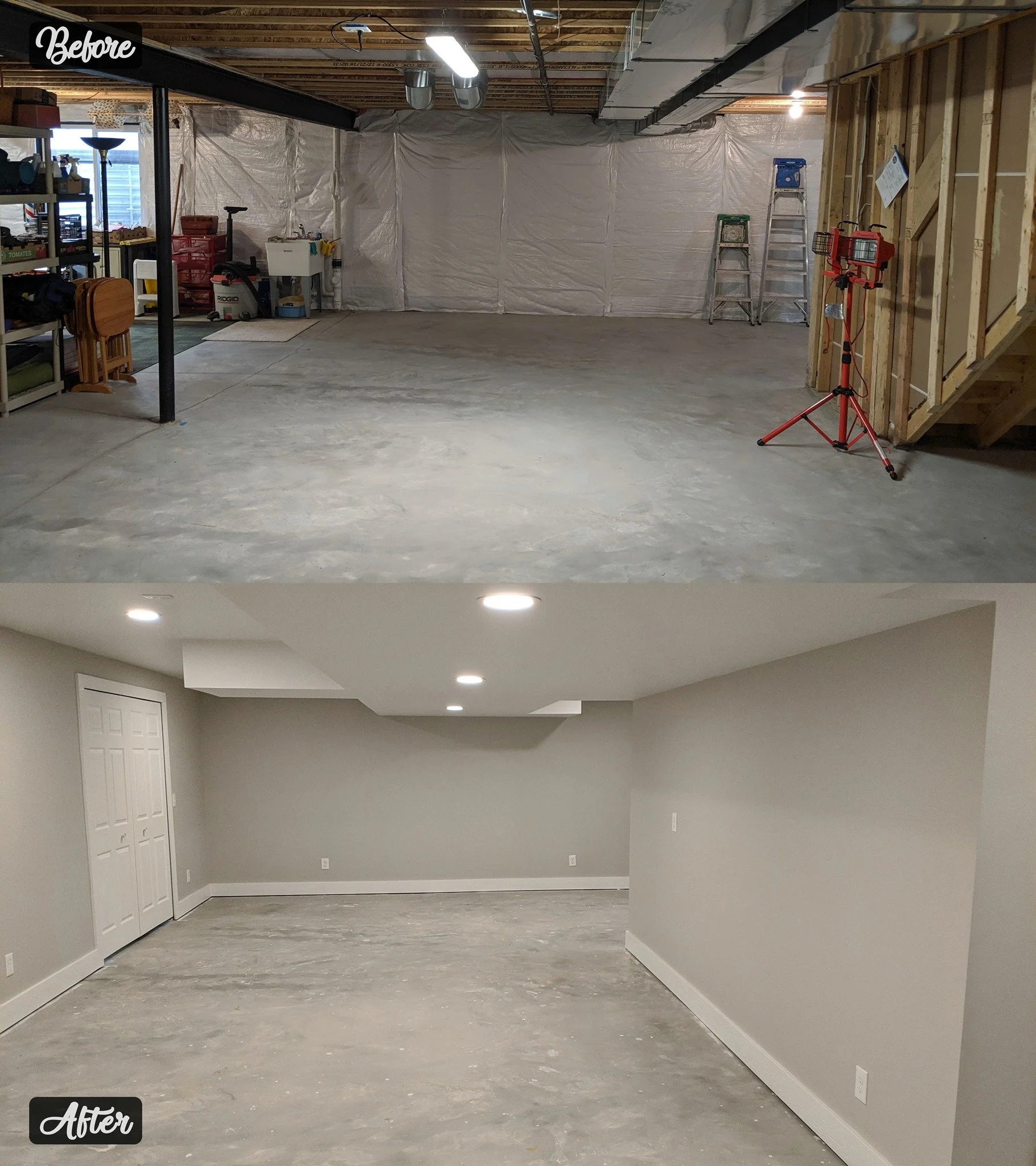 Comparison of unfinished basement before and after renovation showing empty space with concrete floor, with the after image featuring newly painted gray walls, recessed lighting, and finished trim.