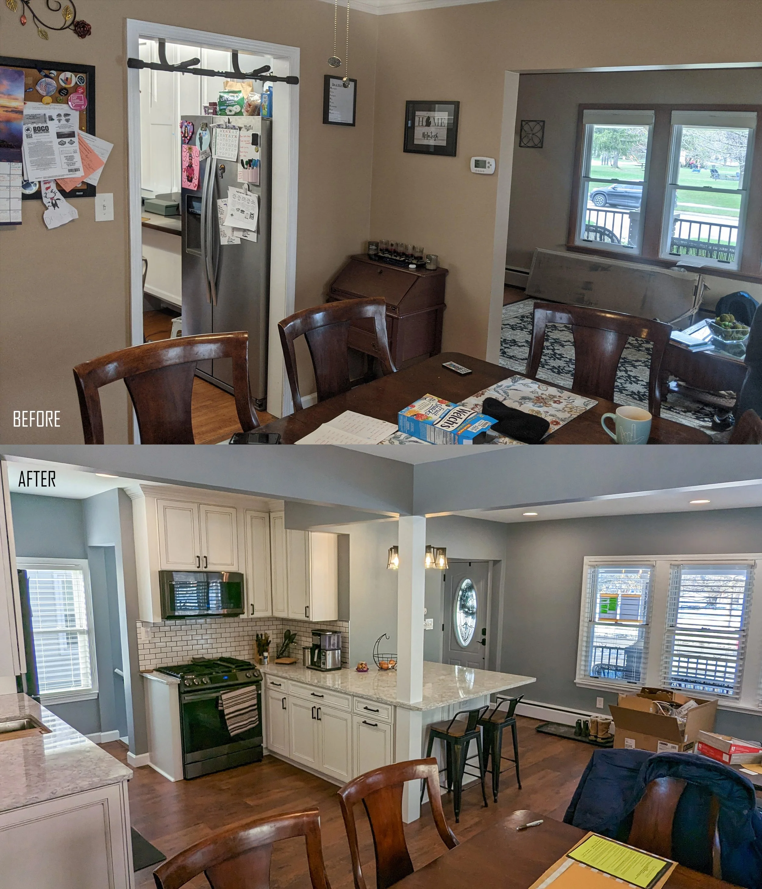 Comparison of a dining room and kitchen before and after renovation. In the 'before' image, the dining room has a cluttered table with papers, snacks, and cups, beige walls, and a cluttered area visible through a doorway. In the 'after' image, the ki