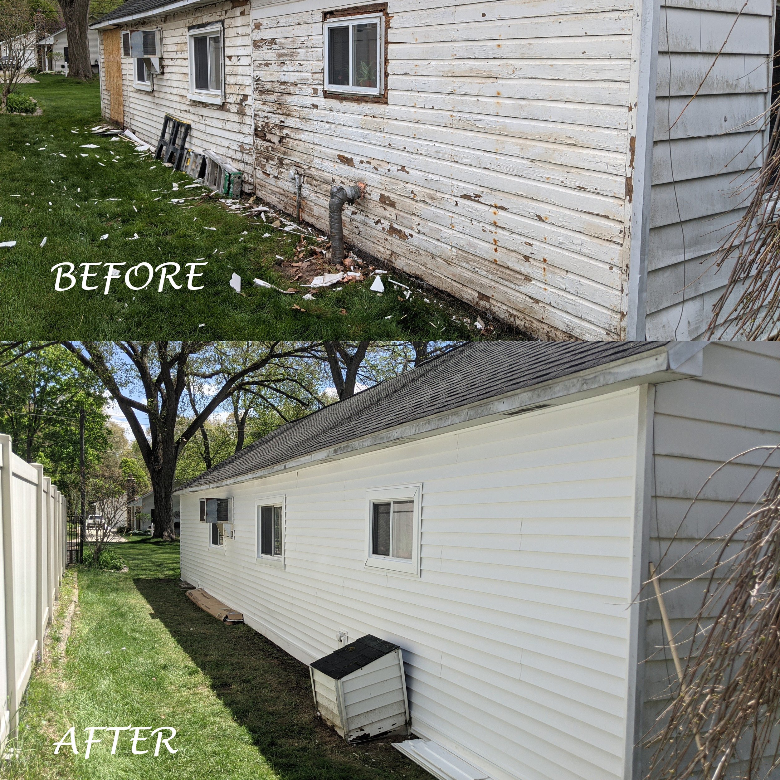 Side-by-side comparison of a house exterior: the top image shows the house before siding replacement, with peeling, dirty, and damaged siding. The bottom image shows the house after new, clean, white siding has been installed, with a well-maintained 
