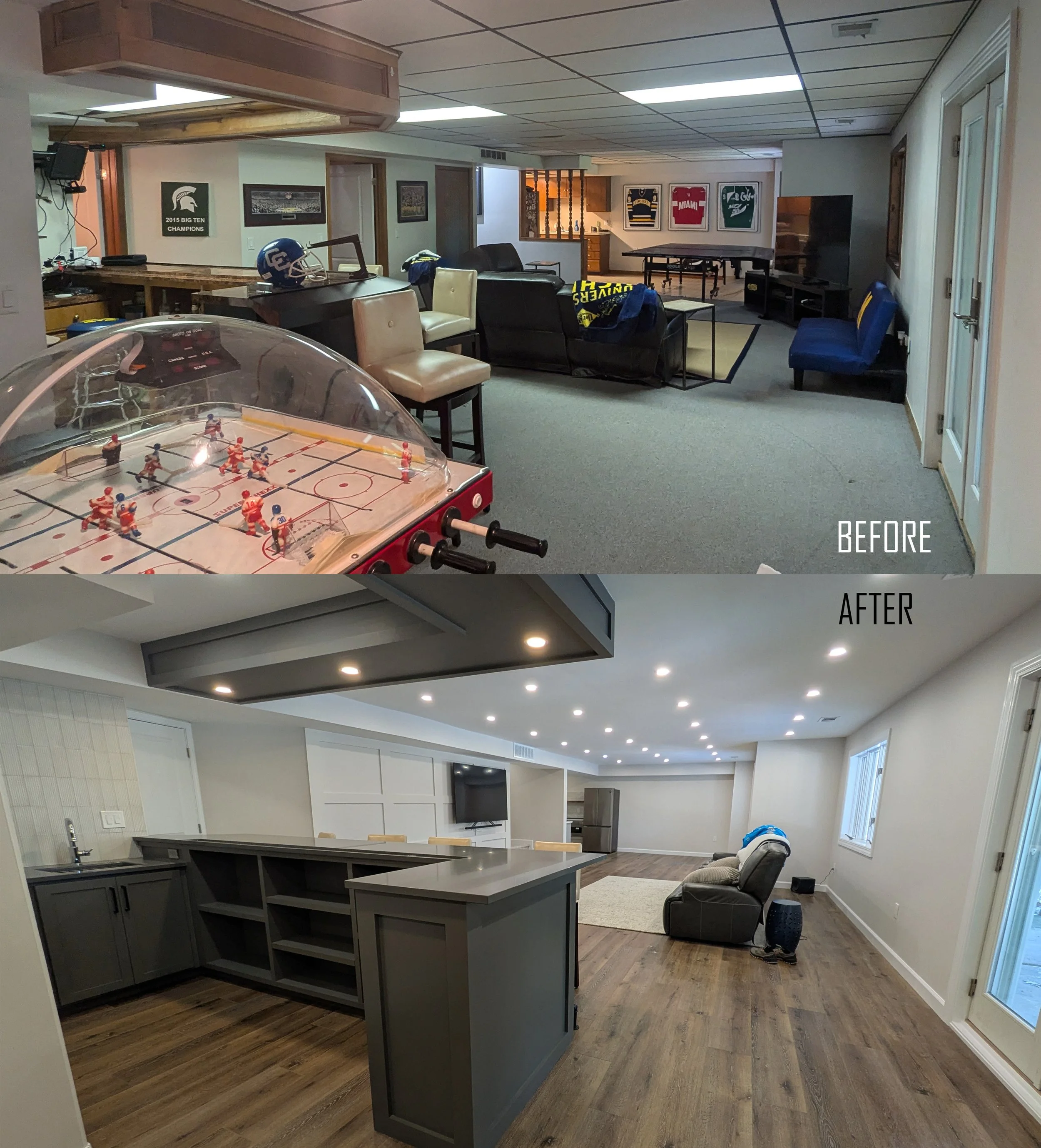 Comparison of basement before and after renovation. The 'before' image shows a cluttered basement with furniture, arcade hockey game, sports memorabilia, and a bar area. The 'after' image depicts a transformed, modern, and spacious basement with a bu