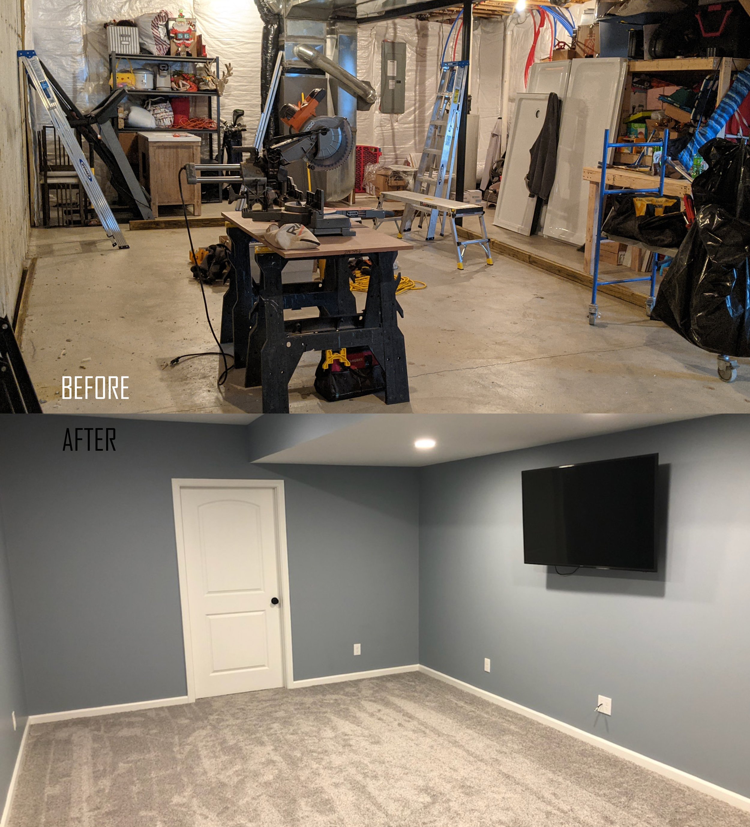 A two-part image showing a room transformation. The top part labeled 'BEFORE' features a cluttered garage with tools, ladders, and storage shelves, while the bottom part labeled 'AFTER' showcases a clean, finished room with gray walls, a TV mounted o