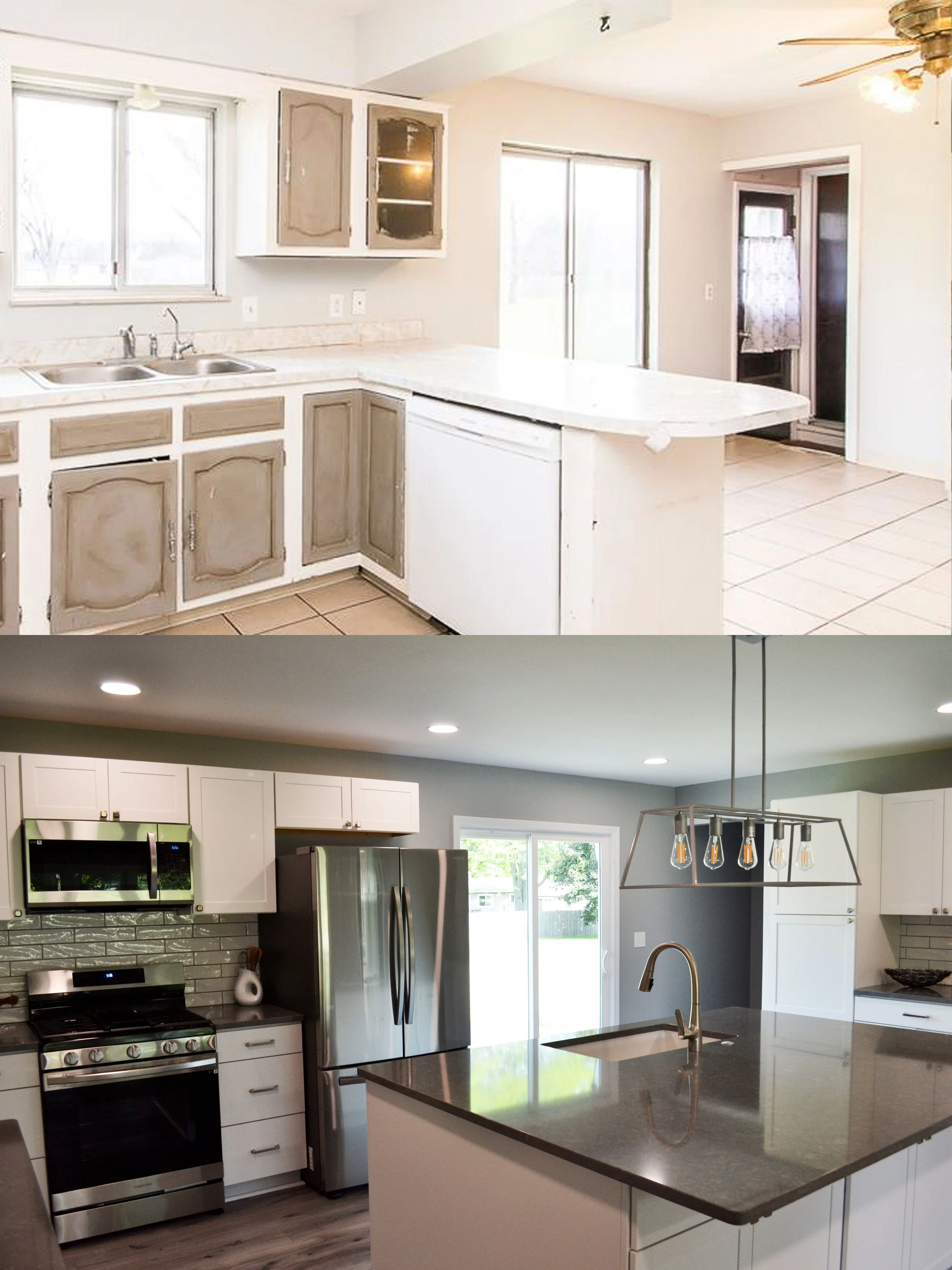 Comparison of two kitchens: the top kitchen has outdated, beige and brown cabinets, older appliances, and a plain countertop. The bottom kitchen features modern, white cabinets, stainless steel appliances, a dark granite countertop, and contemporary 
