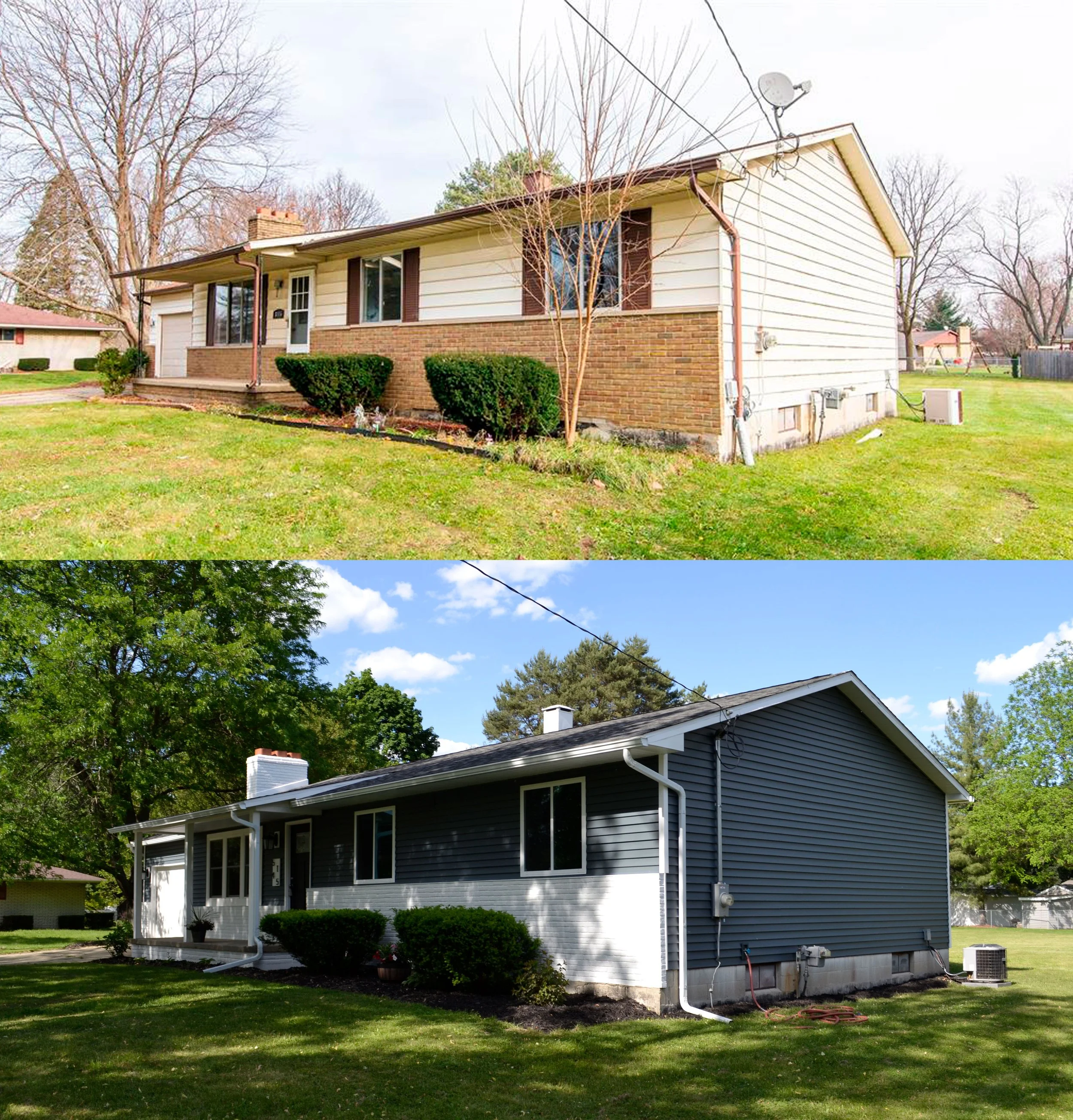 Side views of two houses, one with beige siding and brick, the other with dark gray and white siding, set in suburban neighborhoods with lawns and trees.