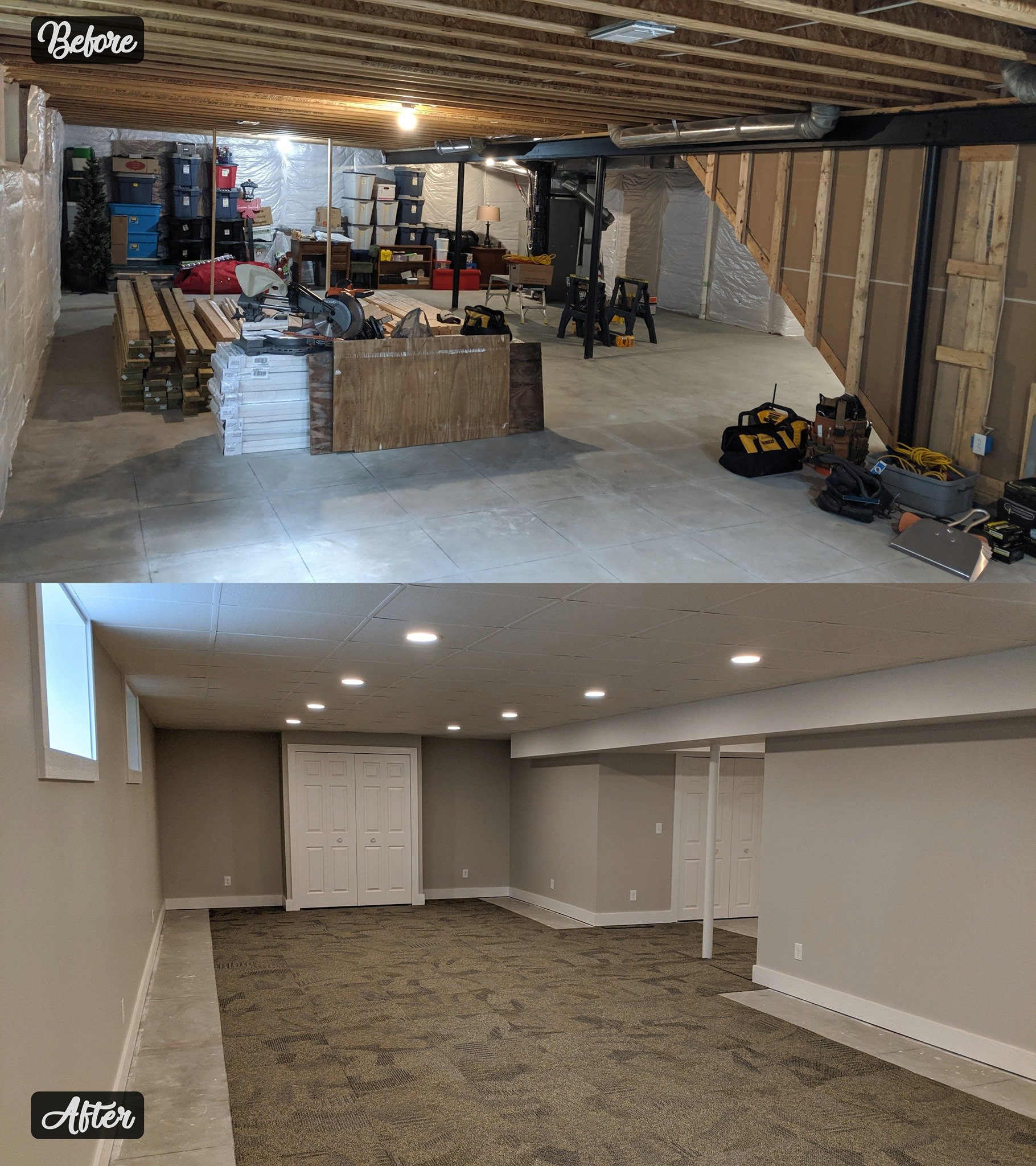 Comparison of a basement before and after renovation. The top image shows an unfinished basement with construction tools, materials, and exposed wooden beams. The bottom image shows the same basement finished with painted walls, ceiling lights, and c