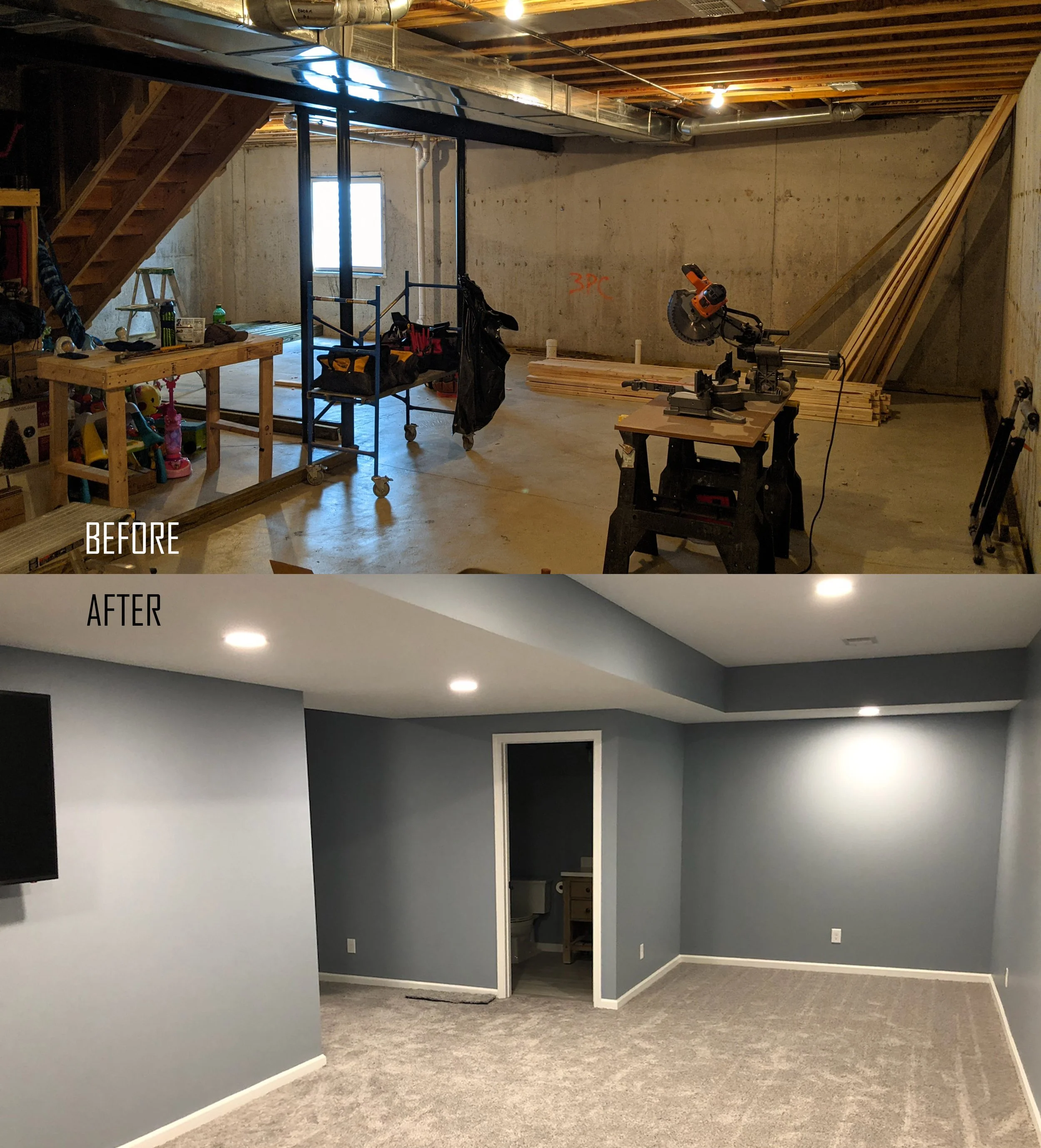 A before-and-after comparison photo of a room renovation. The 'before' image shows an unfinished basement with exposed concrete walls, construction tools, and materials. The 'after' image shows a finished, carpeted room with painted walls, ceiling li