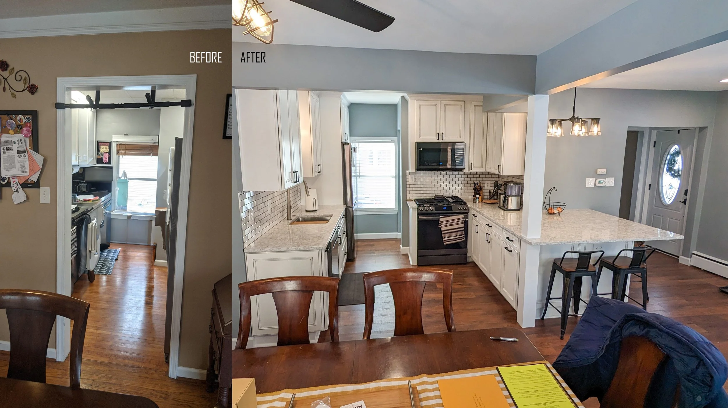 Comparison image showing a small, cluttered kitchen with outdated decor on the left and a modern, clean kitchen with white cabinets and granite countertops on the right.