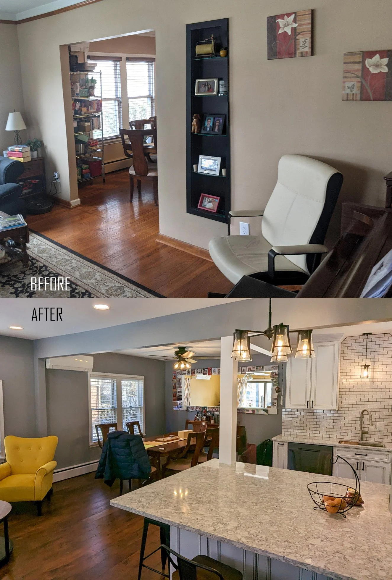 Comparison of a living room before and after renovation. The 'before' shows a cozy space with wood flooring, a white armchair, loads of personal photos, and traditional decor. The 'after' displays a modern kitchen and dining area with a marble kitche