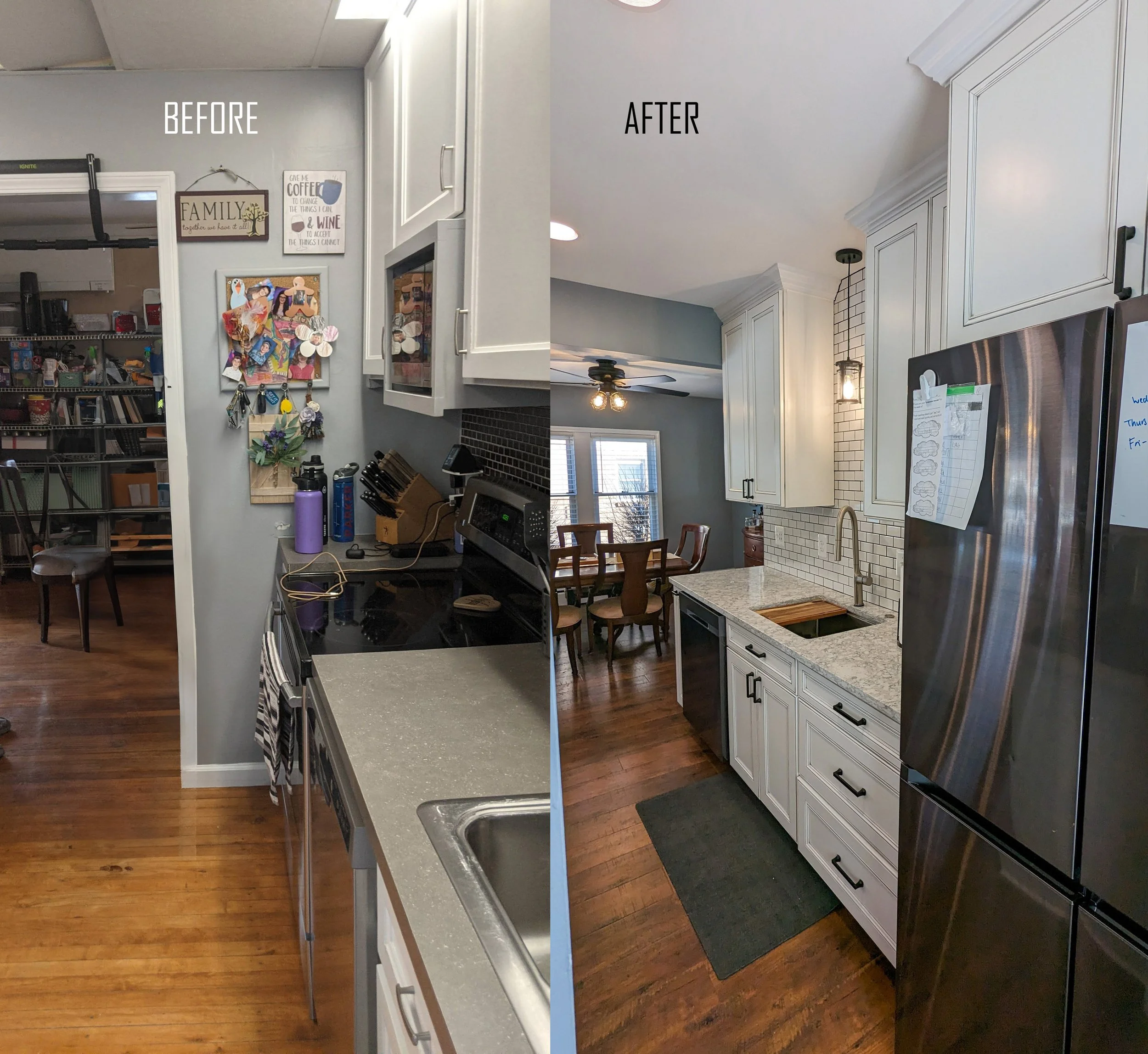 Side-by-side comparison of a kitchen before and after renovation. The 'before' side shows an older kitchen with gray cabinets, a black stove, clutter on the counter, and a wall with family pictures and signs. The 'after' side displays a modern kitche