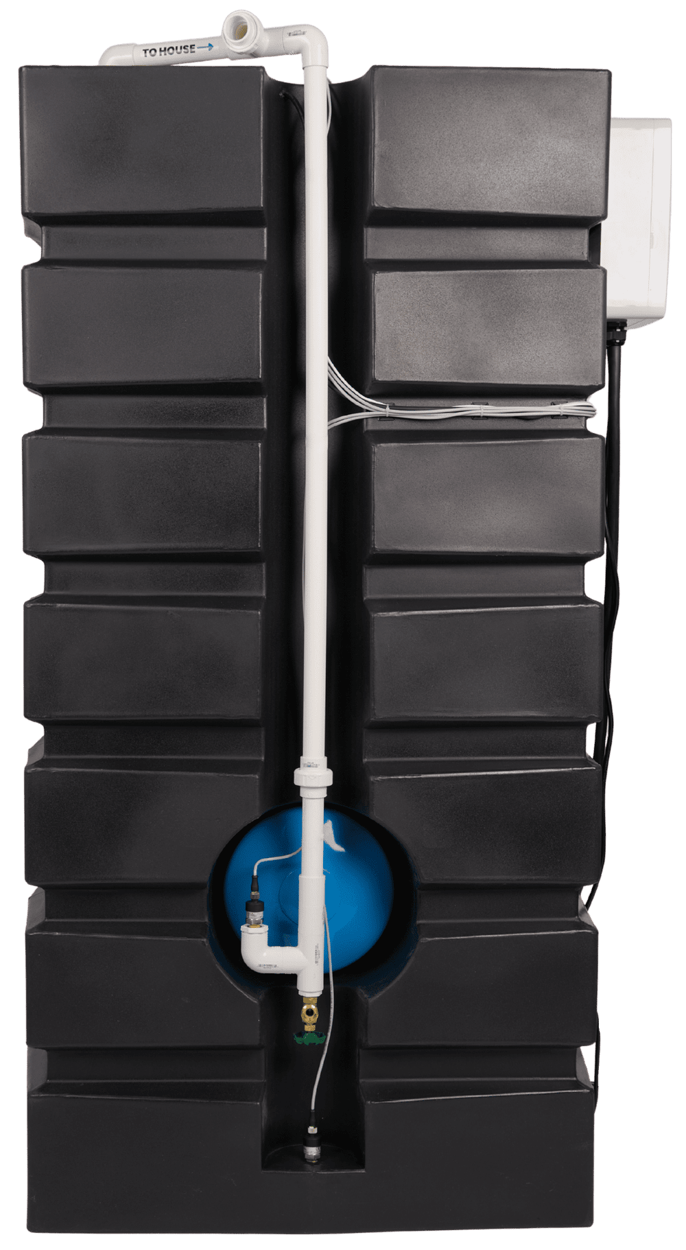 Rear view of the Well Harvester showing its integrated plumbing and pressure tank