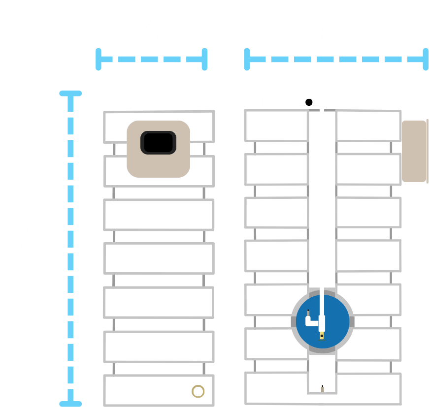 Well Harvester dimensions showing a 26-inch width, 43-inch depth, and 73-inch height