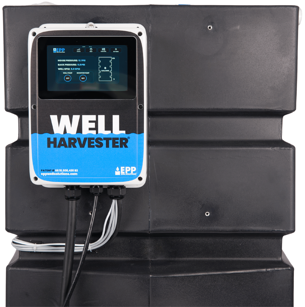 Well Harvester controller mounted to its integrated water storage and pressure system
