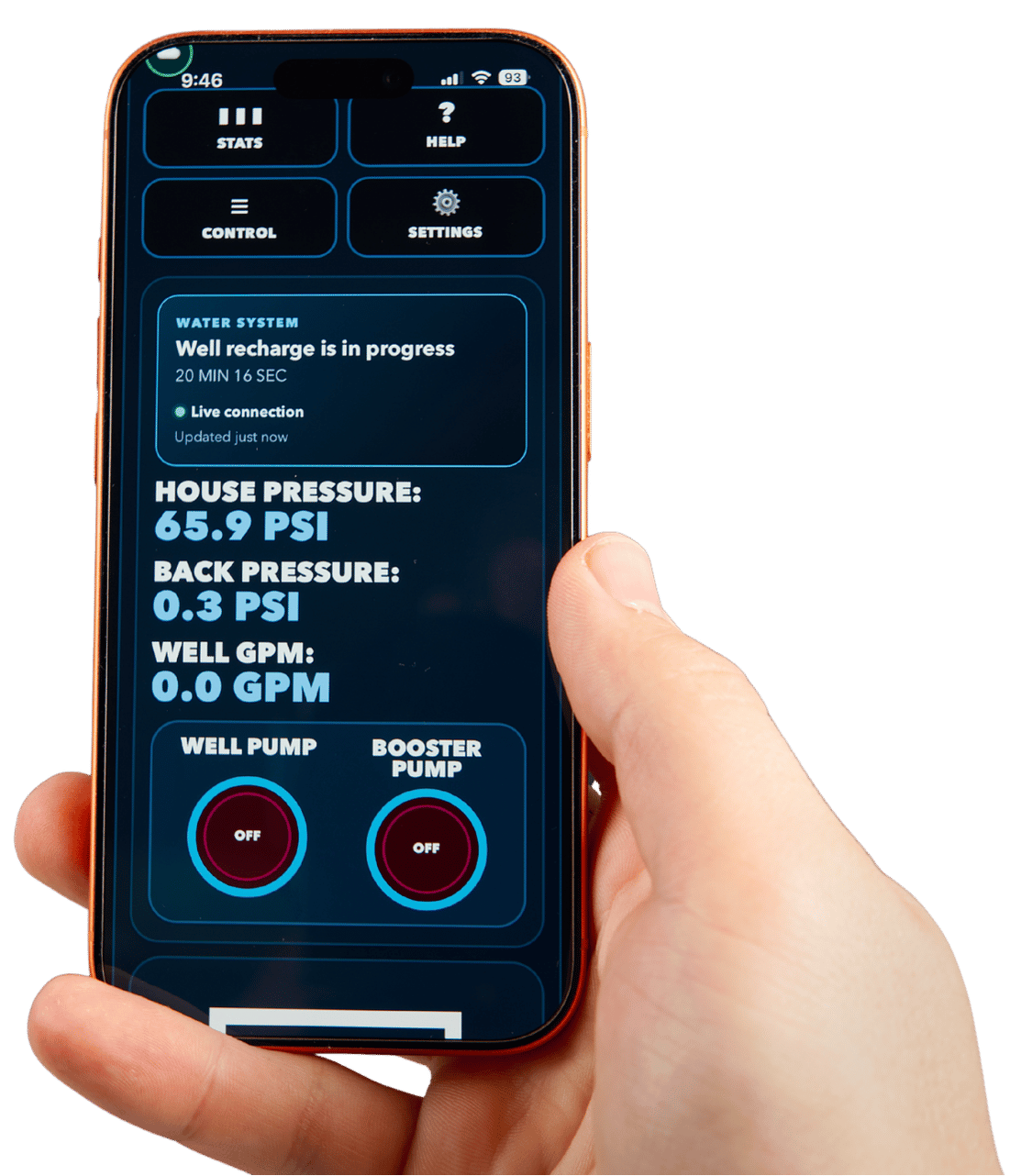Well Harvester mobile app showing water pressure, well flow, and system status