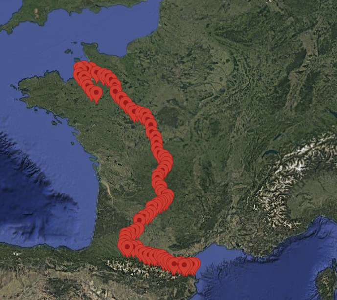 Une carte de la France avec un tracé rouge indiquant un itinéraire s'étendant du sud-est vers le nord-ouest du pays.
