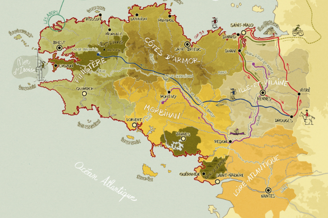 Carte géographique illustrant la région de la Bretagne en France avec ses principales villes, routes, et caractéristiques géographiques.