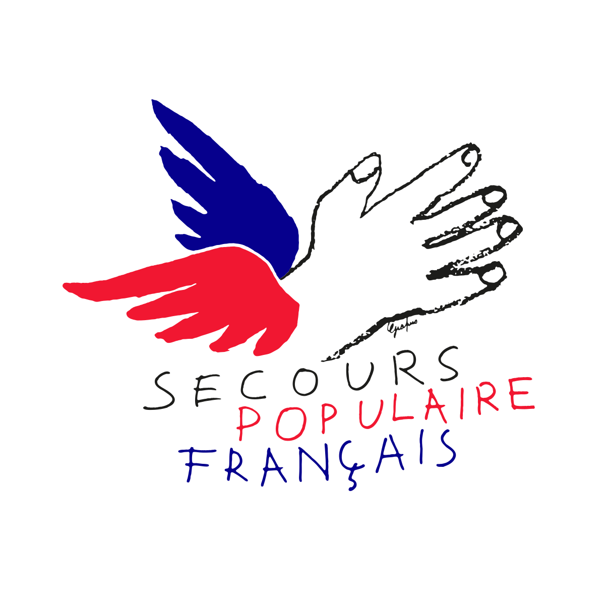Logo du Secours Populaire Français avec deux mains, une dessinée à la main, l'autre avec une aile en forme de drapeau français, et le texte "SECOURS POPULAIRE FRANÇAIS" en dessous.