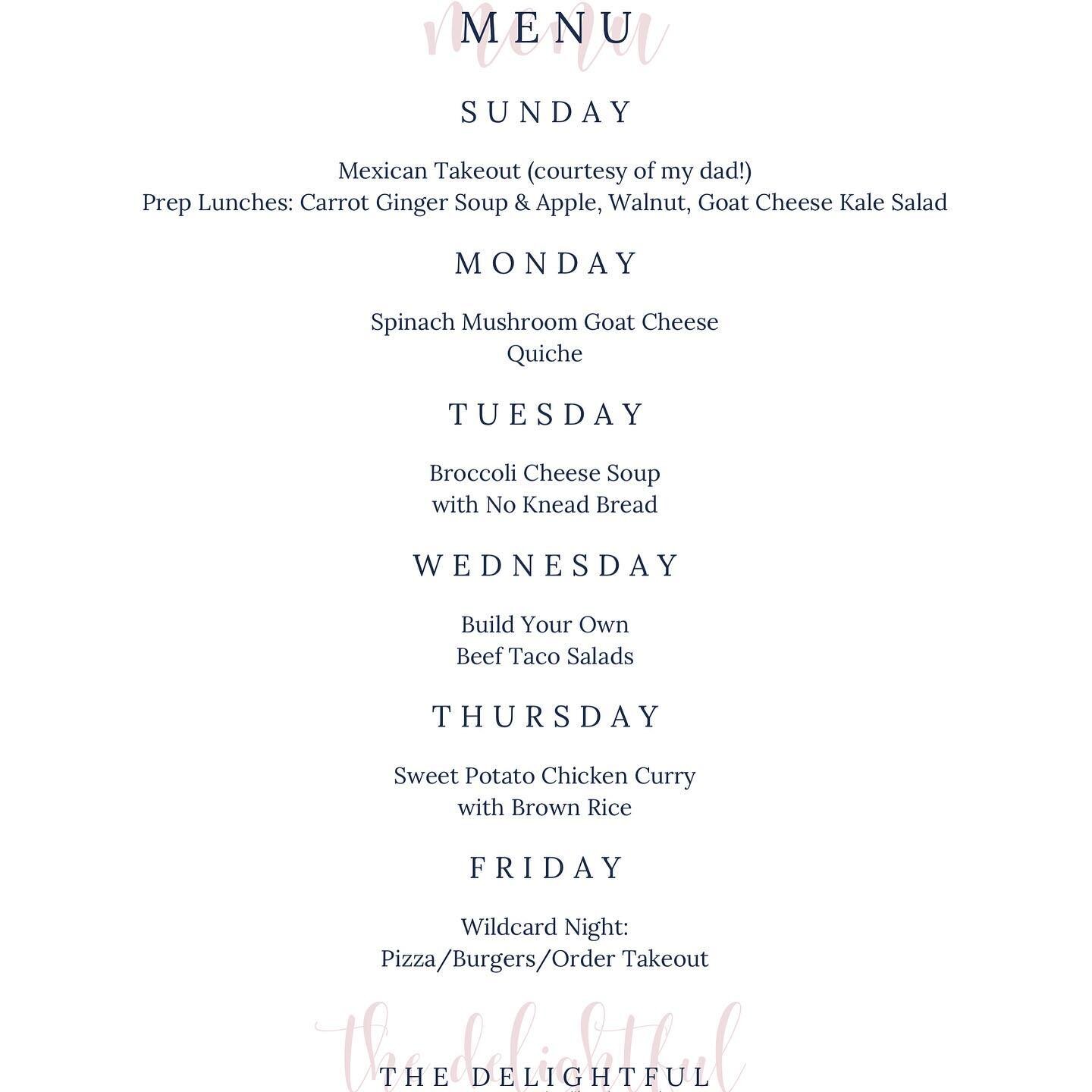 This week&rsquo;s menu 🍽 features some trusty family 👨&zwj;👩&zwj;👧&zwj;👦 favorites (Build Your Own Taco 🌮 Salad) and some new takes on classics (Spinach 🥬 Mushroom 🍄 Goat Cheese 🧀 Quiche). Follow along in stories for meal prep!

#mombosslife