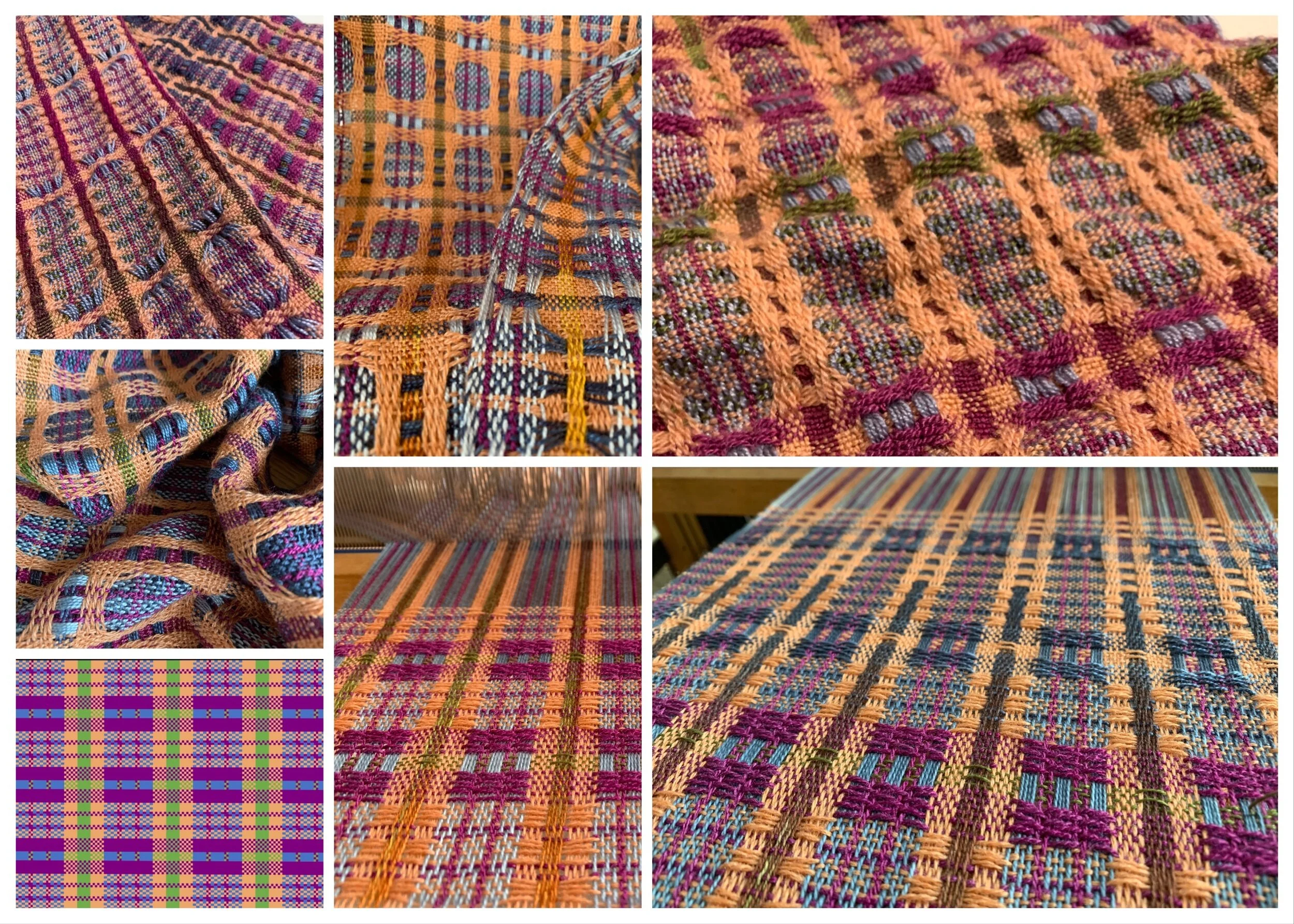 L to R: Fulled sample alternate zephyr placement/treadling, front/back traditional medallion, fulled sample alternate zephyr placement, traditional medallion off loom unwashed, drawdown design, alternate zephyr placement on loom pics of color sampli…