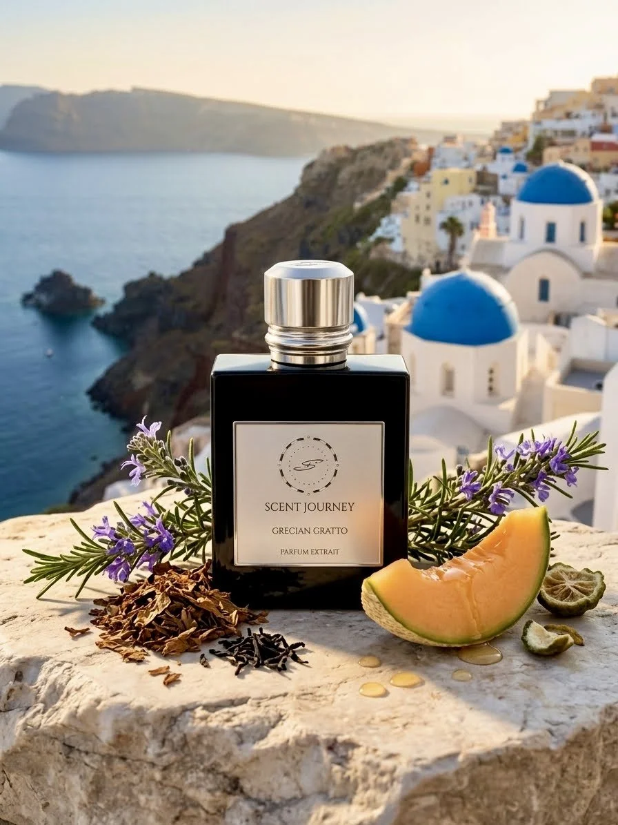 A romantic sensory escape to Santorini. Grecian Grotto opens with a fresh breeze of rosemary, apple, and bergamot, transitioning into a warm heart of sweet tobacco, black tea, golden honey, and juicy cantaloupe, all anchored by a sophisticated sandal