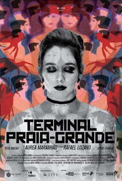 Poster for 'Terminal Praia Grande' featuring a grayscale portrait of a woman with colorful abstract patterns in the background.