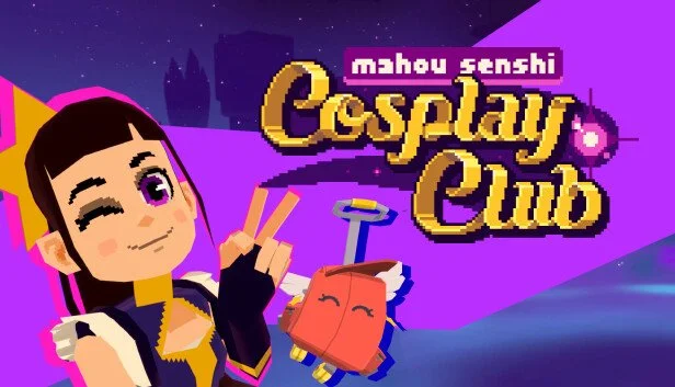 "Mahou Senshi Cosplay Club" game cover, featuring an animated character with a winking expression, holding a small, robotic character. The background is a purple and blue abstract design with the game title prominently displayed.