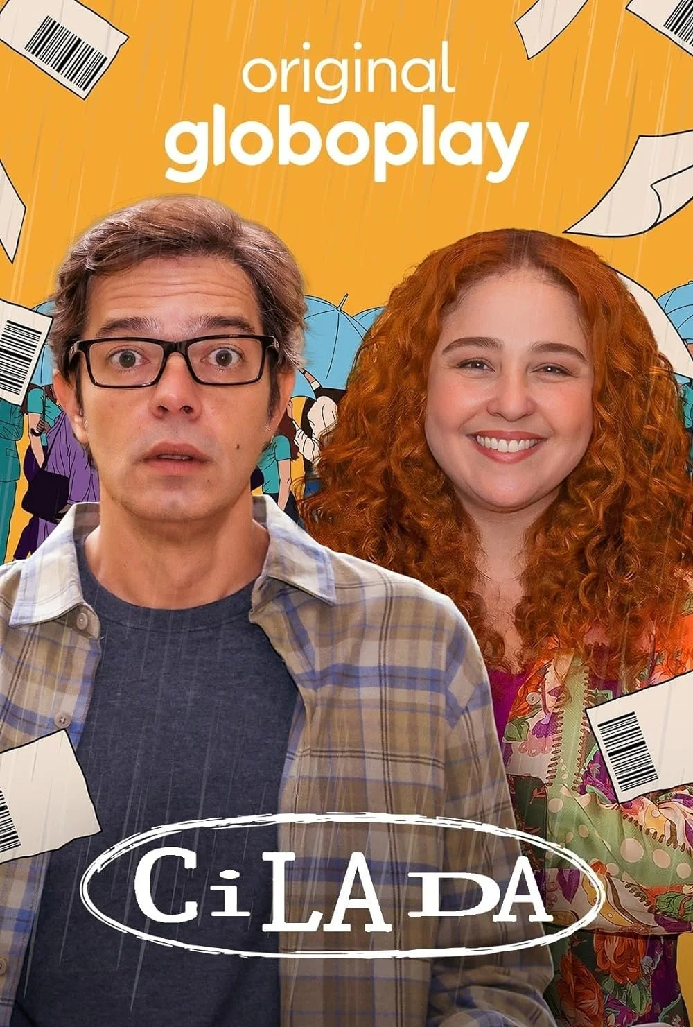 Poster for Globoplay original 'Cilada' featuring two main characters with raining envelopes in the background.
