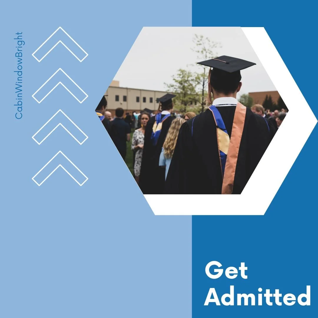 College Admissions Essay Tutoring with text, "Get Admitted," and an image of graduates in their robes and mortarboards
