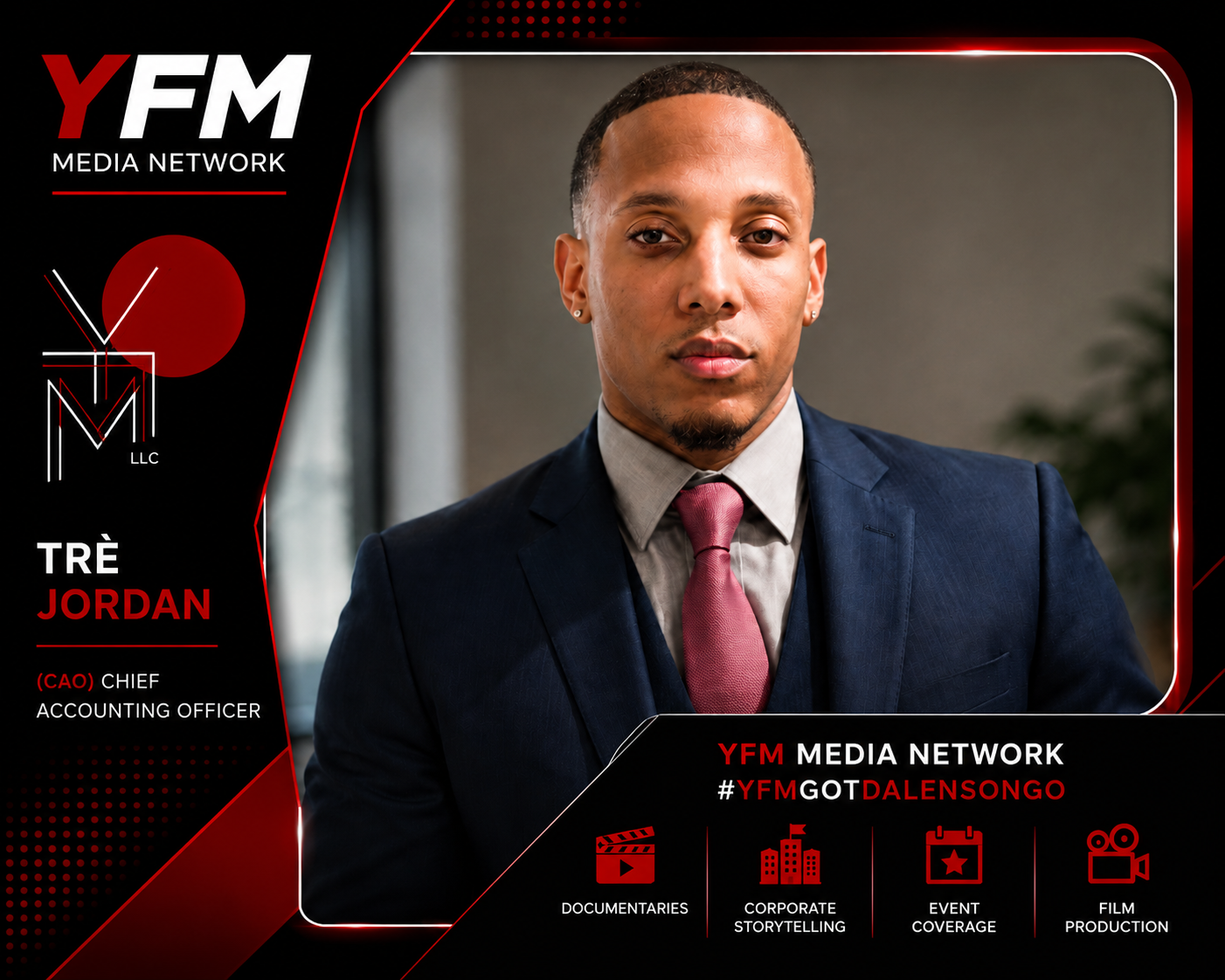 A professional headshot of Tre Jordan, Chief Accounting Officer, wearing a dark navy suit, light gray shirt, and pink tie, featured on a media network graphic with branding elements and icons for documentaries, corporate storytelling, event coverage, and film production.