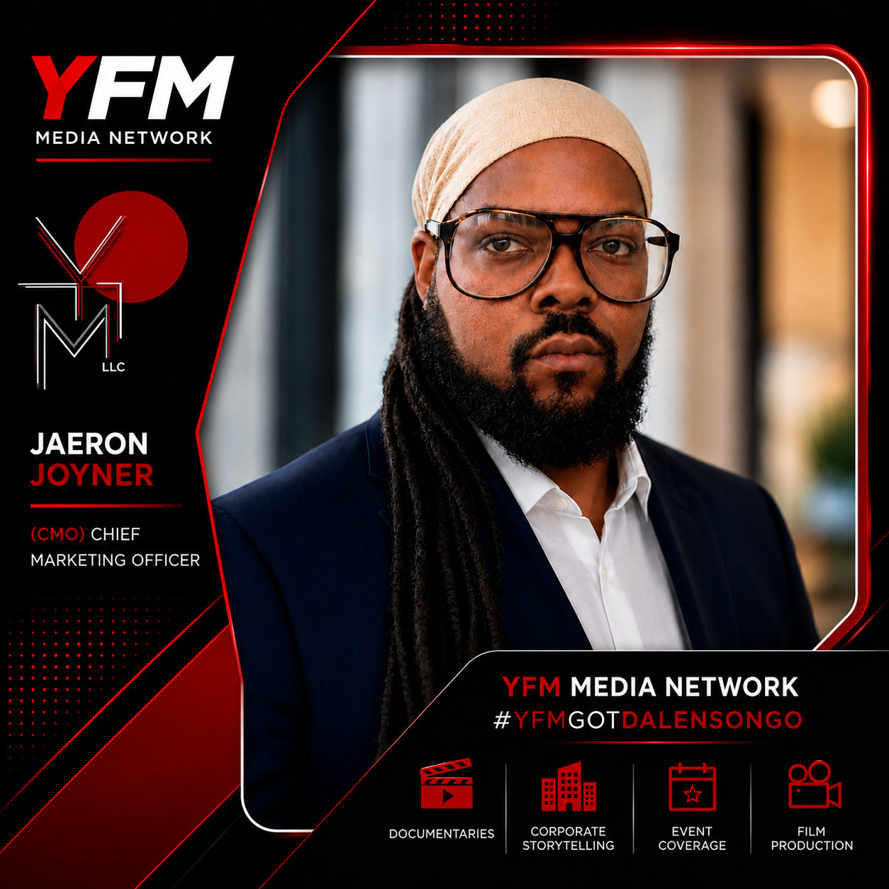 Promotional graphic for YFM Media Network featuring Jaeron Joyner, Chief Marketing Officer, with icons and text promoting documentaries, corporate storytelling, event coverage, and film production.
