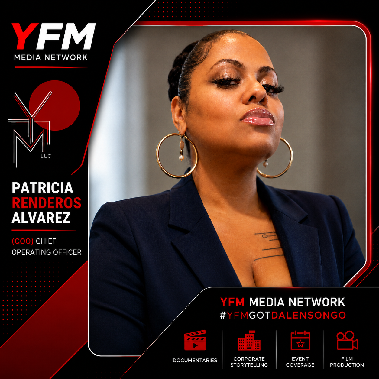 Close-up portrait of Patrician Renderos Alvarez, Chief Operating Officer, wearing large hoop earrings and a dark blazer, with a confident expression, in a professional setting. The image is part of a media graphic for YFM Media Network, highlighting her role and related media coverage.