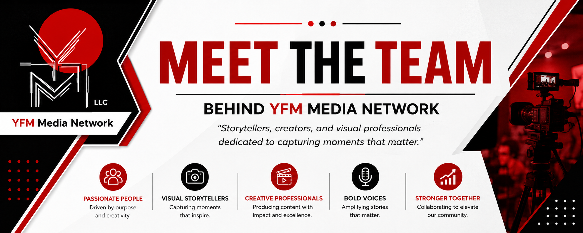 Graphic for YFM Media Network introducing a team behind the media network, emphasizing storytellers, creators, and visual professionals. Features a camera on a tripod, icons representing passionate people, visual storytellers, creative professionals, bold voices, and stronger together, with a quote about capturing meaningful moments.