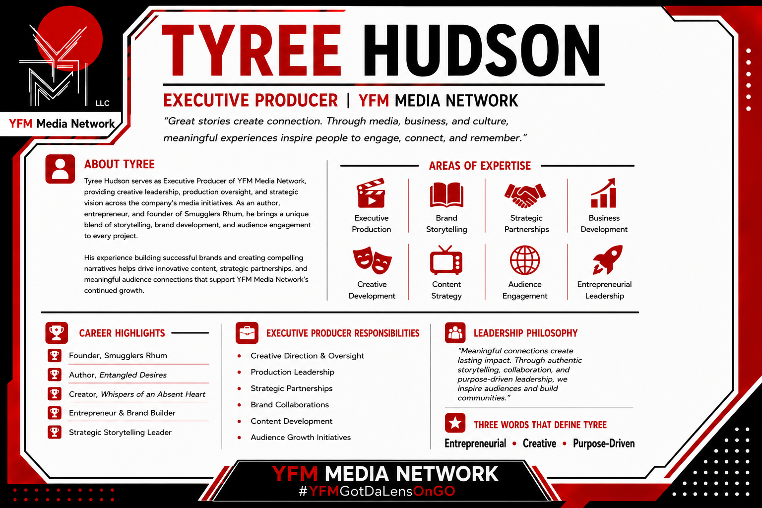 Name badge for Tyree Hudson, Executive Producer at YFM Media Network, featuring areas of expertise in executive production, storytelling, partnerships, business development, and entrepreneurial leadership.