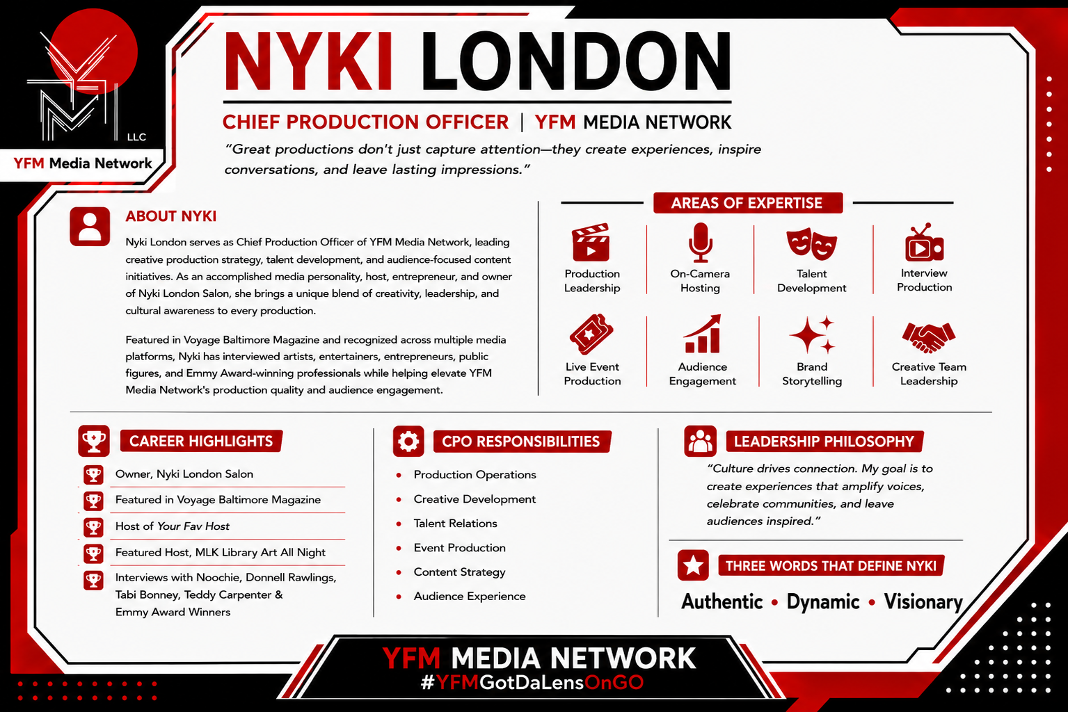 Design template for NYKI London, Chief Production Officer at YFM Media Network. Sections include about NYKI, career highlights, areas of expertise, responsibilities, leadership philosophy, and three words defining NYKI: authentic, dynamic, visionary. The color scheme is black, red, and white with multimedia icons and corporate branding.