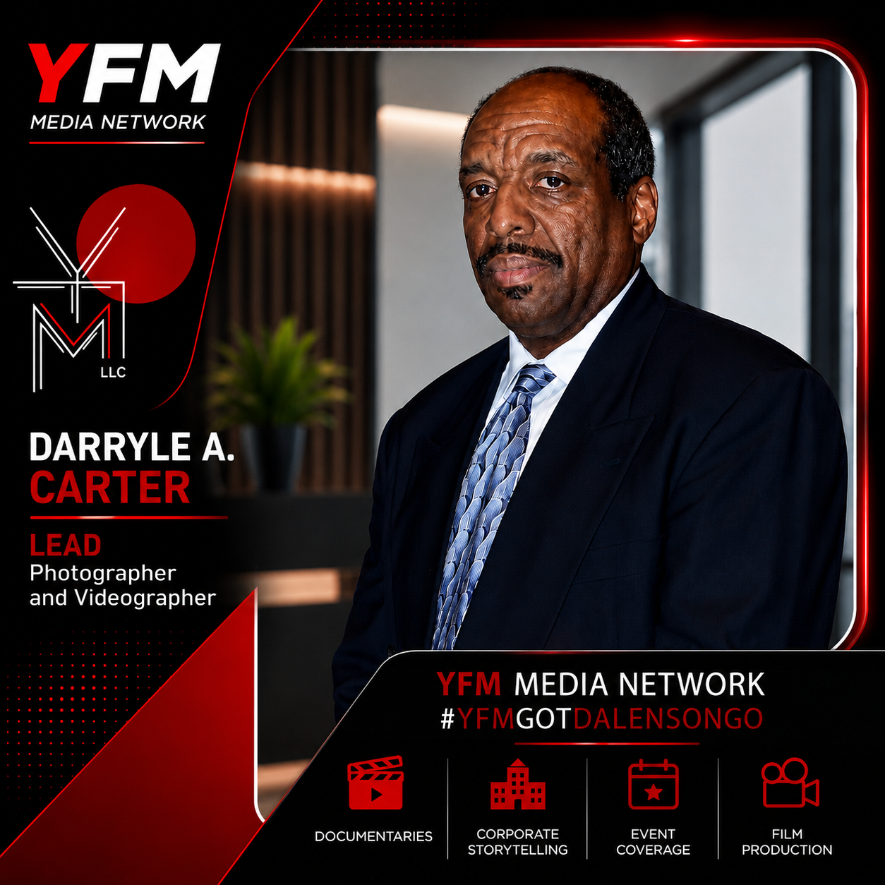 A professional portrait of Darryle A. Carter in a suit, with a media network branding background, including logos and icons representing documentaries, corporate storytelling, event coverage, and film production.