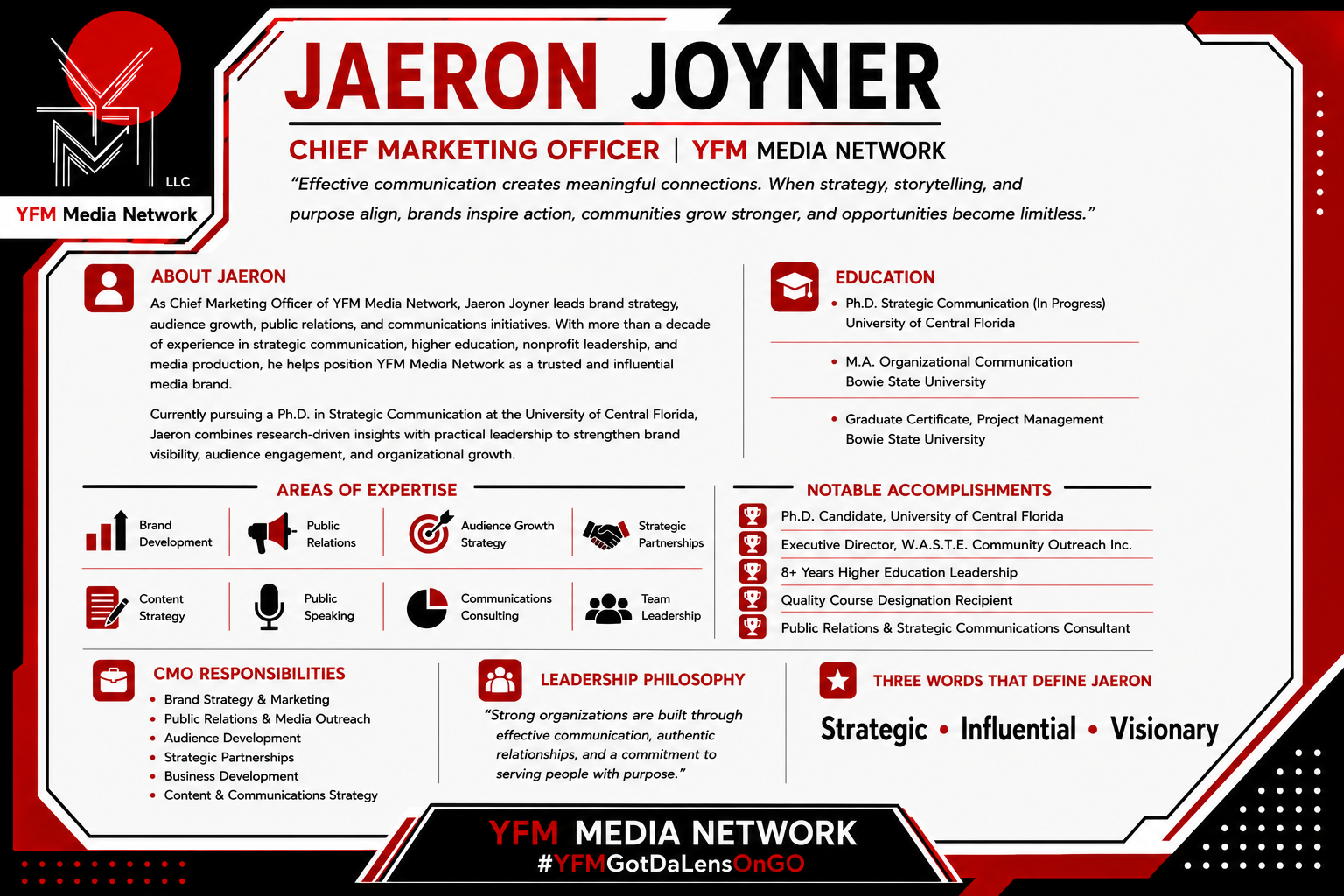 Business profile of Jaeron Joyner, Chief Marketing Officer at YFM Media Network. Includes his education, expertise, notable achievements, leadership philosophy, and key words: strategic, influential, visionary, with a red, black, and white color scheme.