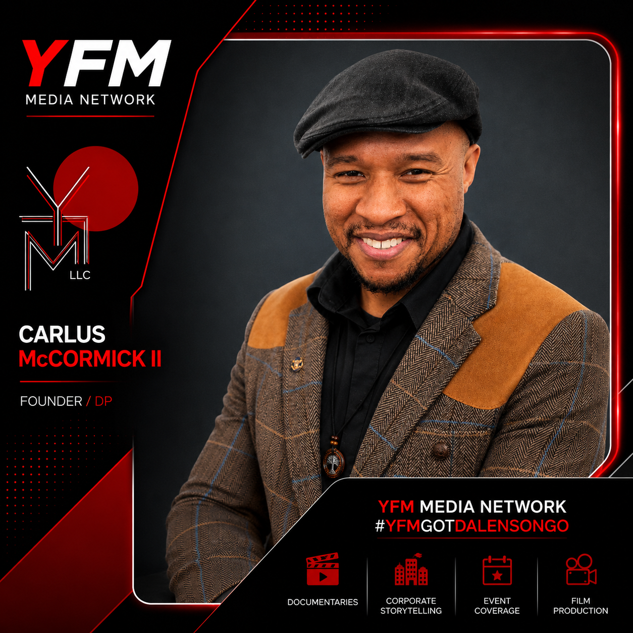Photograph of Carlus McCormick II smiling, wearing a black cap and plaid blazer, on a media network promotional graphic with his name, title, and icons for documentaries, corporate storytelling, event coverage, and film production.