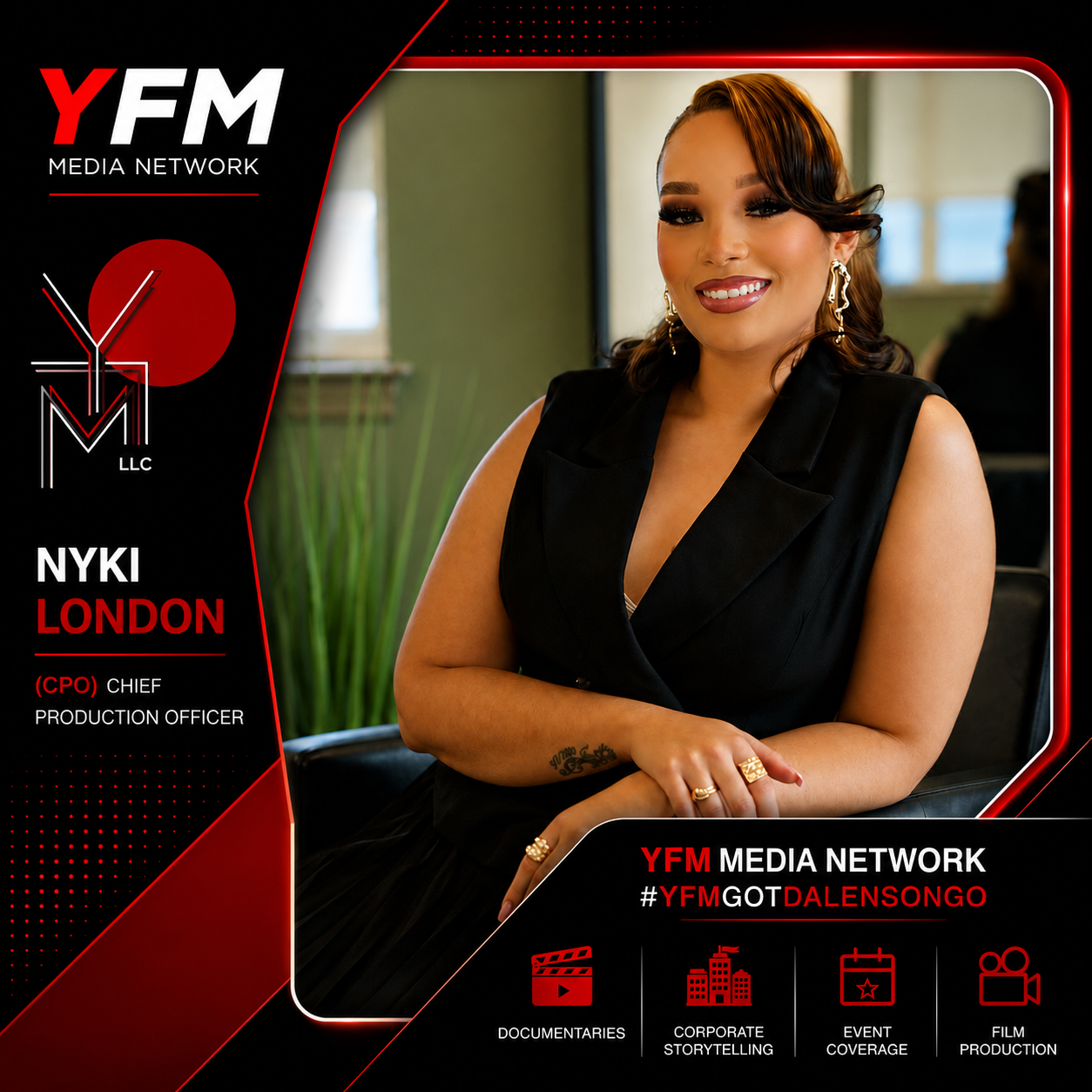 A woman sitting in a studio with a dark sleeveless blazer, smiling, with wrist tattoos, gold rings, and earrings. The background shows a window and other people. The left side of the image contains a graphic with the YFM Media Network logo, personal details of Nyki London, and icons representing documentaries, corporate storytelling, event coverage, and film production.