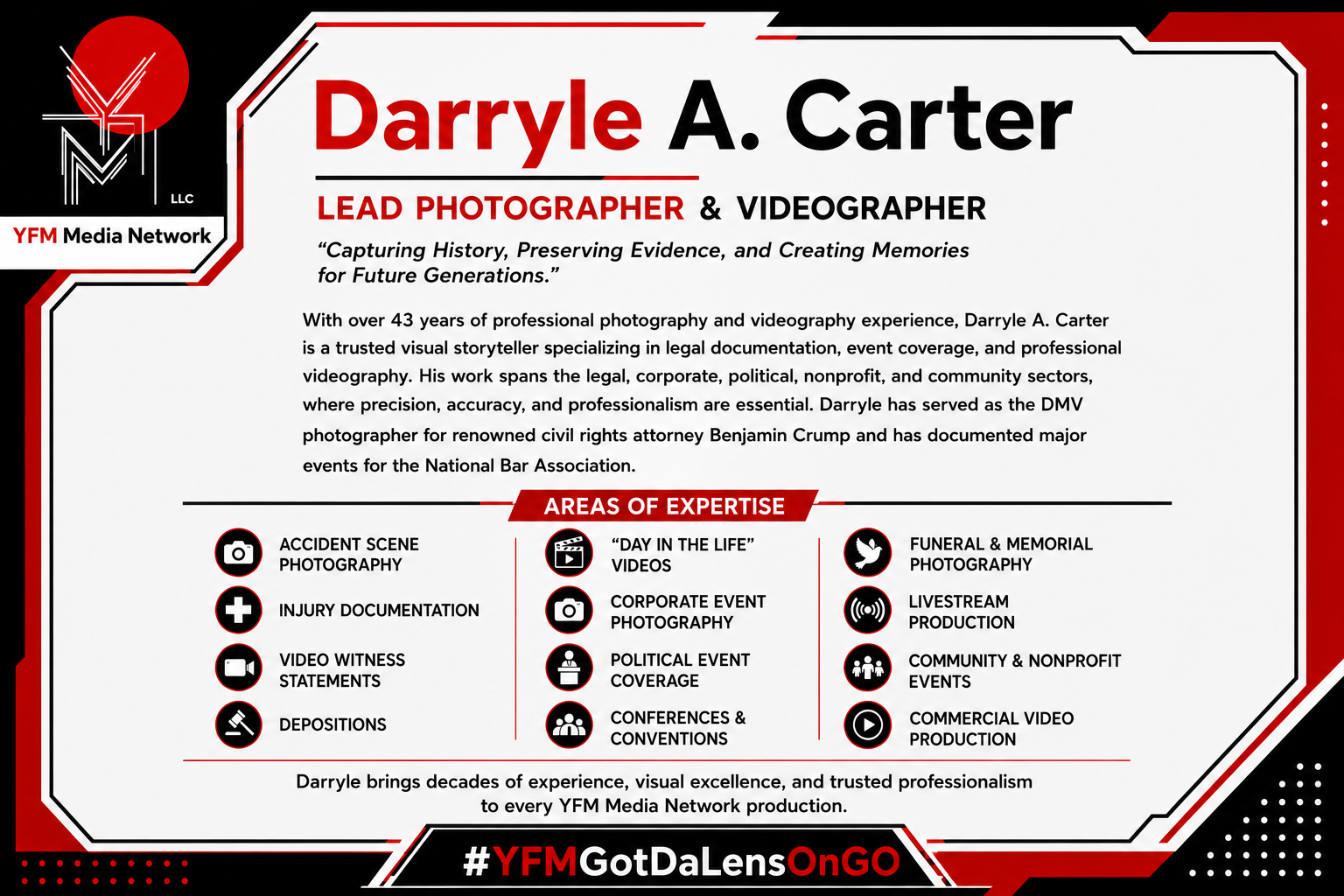 Business card for Darryle A. Carter, a lead photographer and videographer. Includes areas of expertise such as accident scene photography, injury documentation, video witness statements, depositions, 'day in the life' videos, corporate event photography, political event coverage, conferences and conventions, funeral and memorial photography, livestream production, community and nonprofit events, and commercial video production. Features red, black, and white design with icons representing each service.