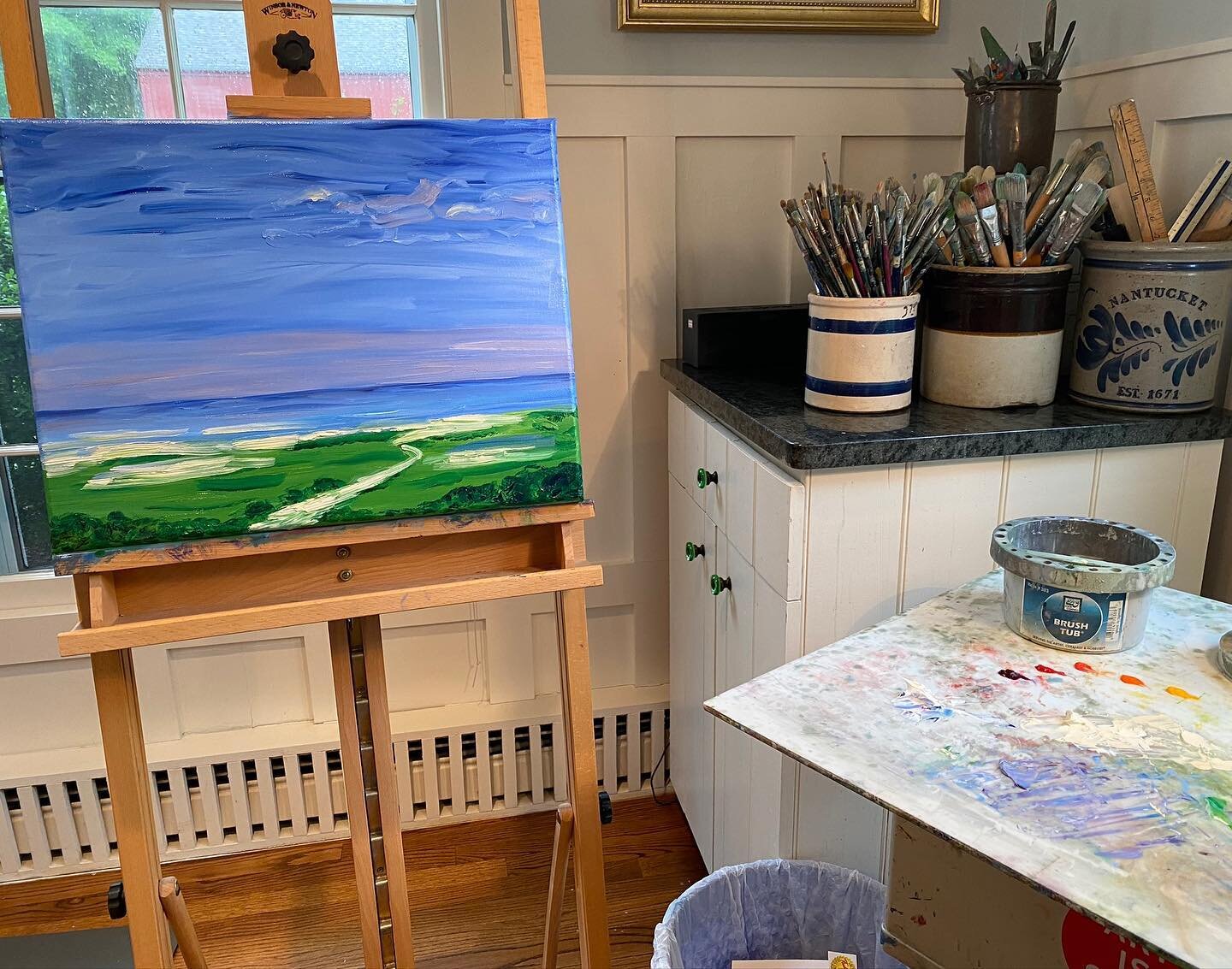 Work in progress on the easel! 🎨💙💜💚🤍 #sagegoldsmithpaintings #artistsoninstagram #art #create #ontheeasel #landscape #sky #water #ocean #road #sand #colors #colorist #oilpainting #canvas #serene #supportlocal #supportlocalartists