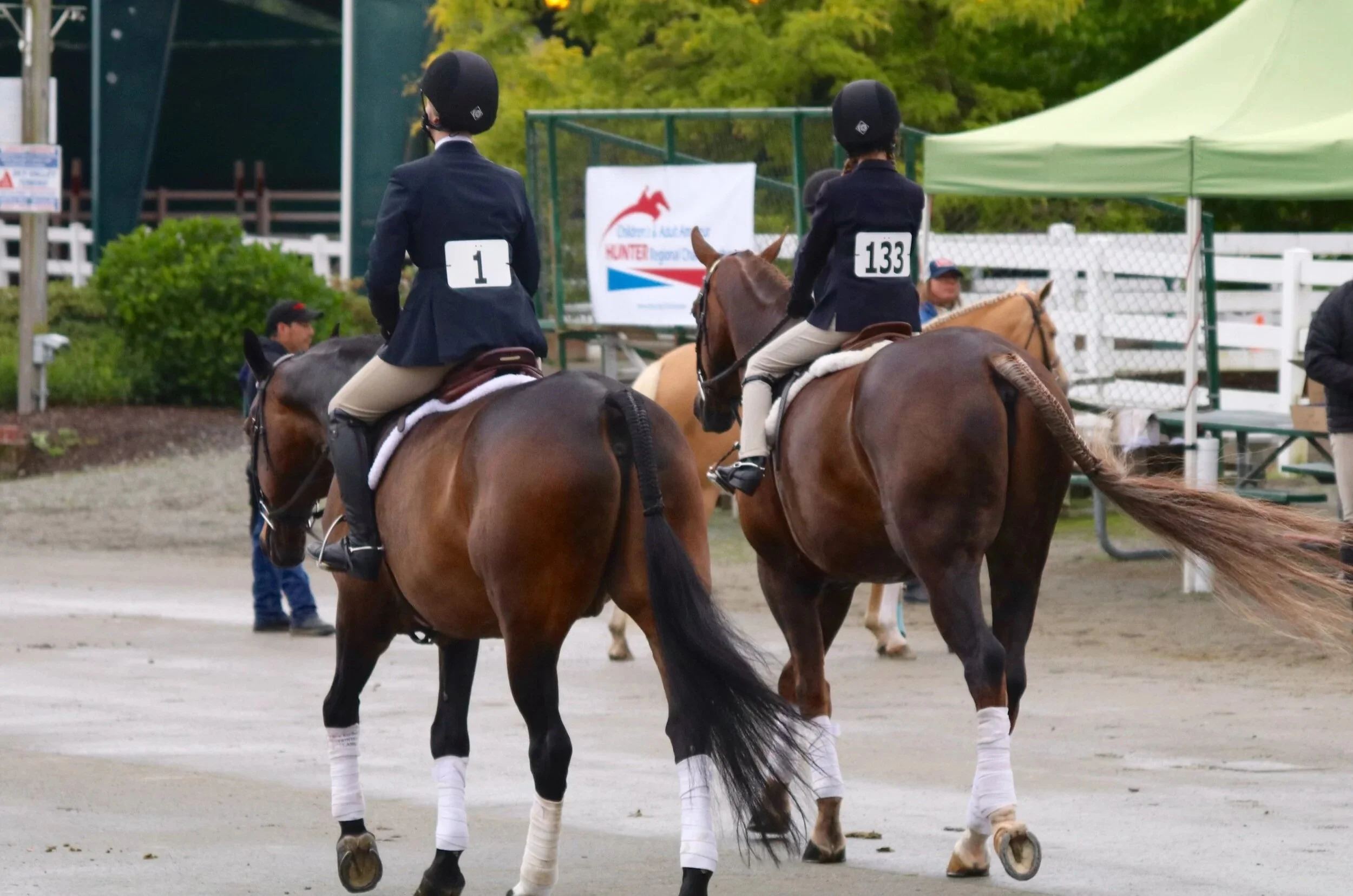 Two riders in equestrian uniforms with number tags 1 and 133 on their backs, riding brown horses in an outdoor arena, with a green tent and a white fence in the background.