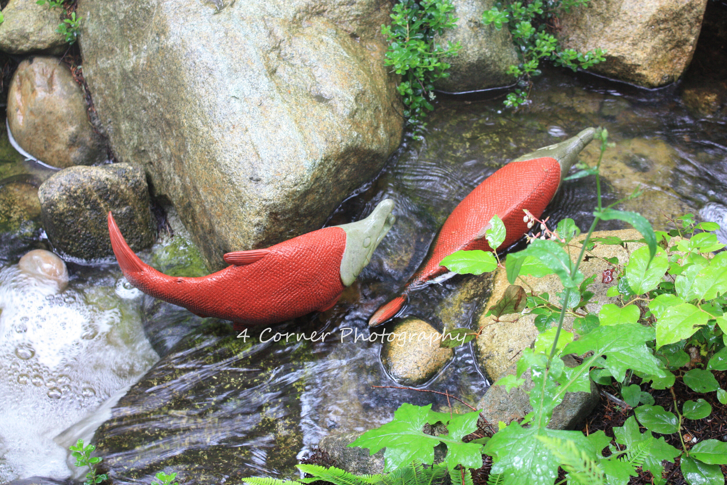 Two red and green artificial lizards with exaggerated features are positioned on rocks and in a small stream, surrounded by green foliage.