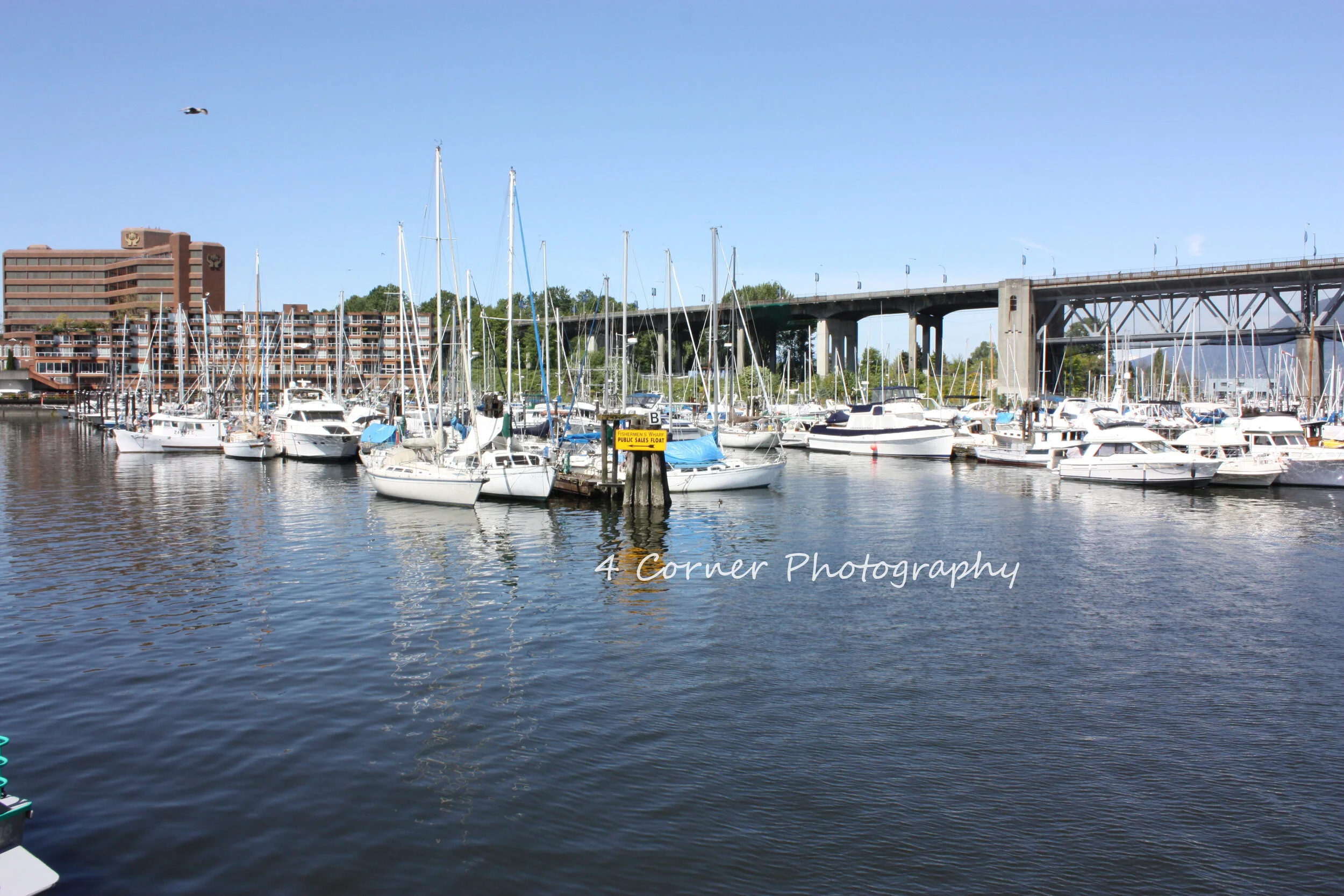 Marina filled with boats and sailboats, with a building and bridge in the background under a clear blue sky.