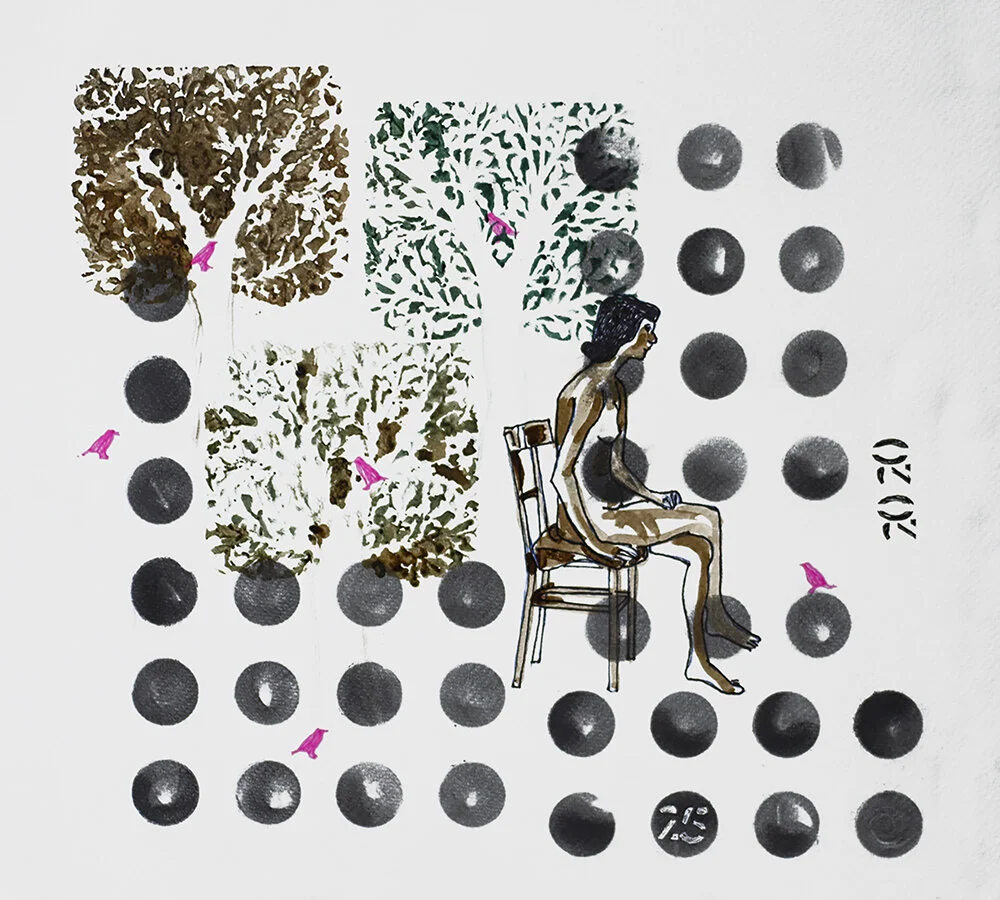 Charcoal, Inks and Pen on Archival Paper, 33 cm x 37 cm