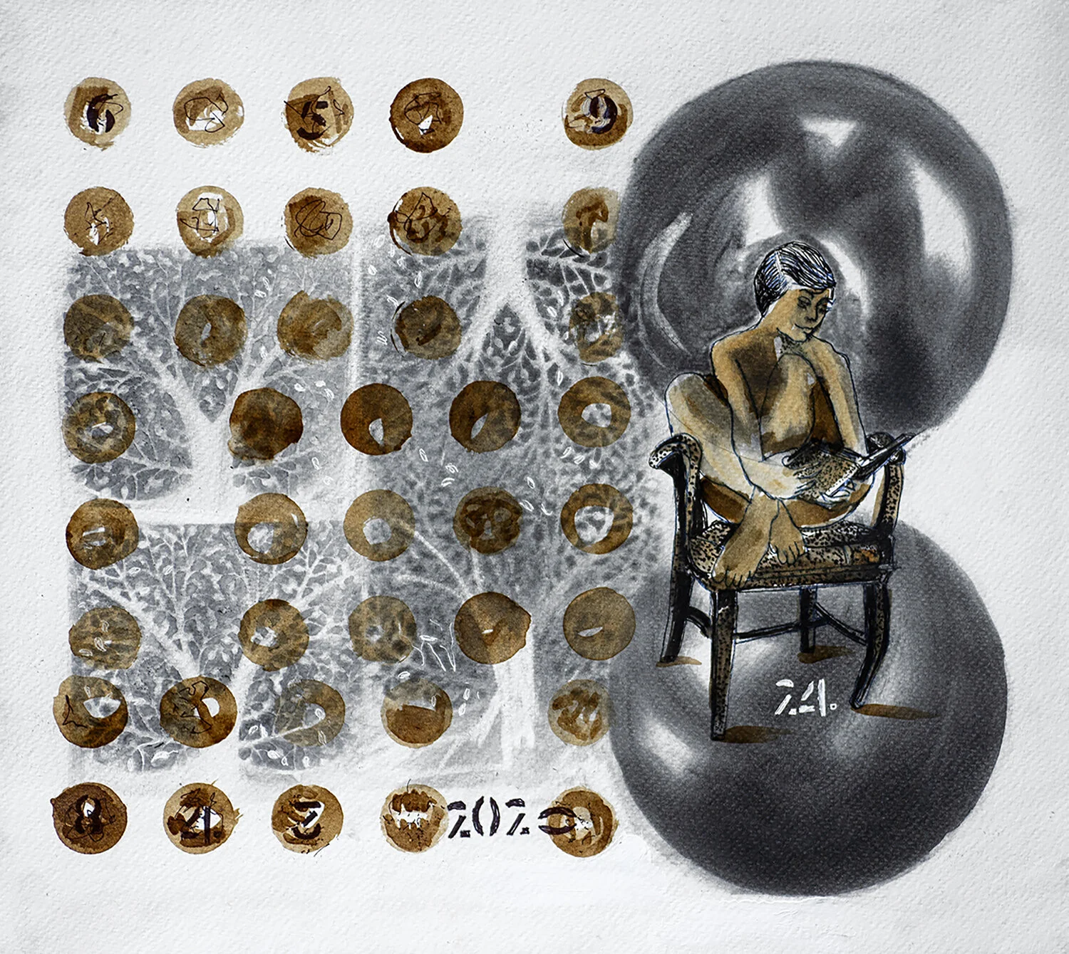 Charcoal, Inks and Pen on Archival Paper, 32 cm x 37 cm