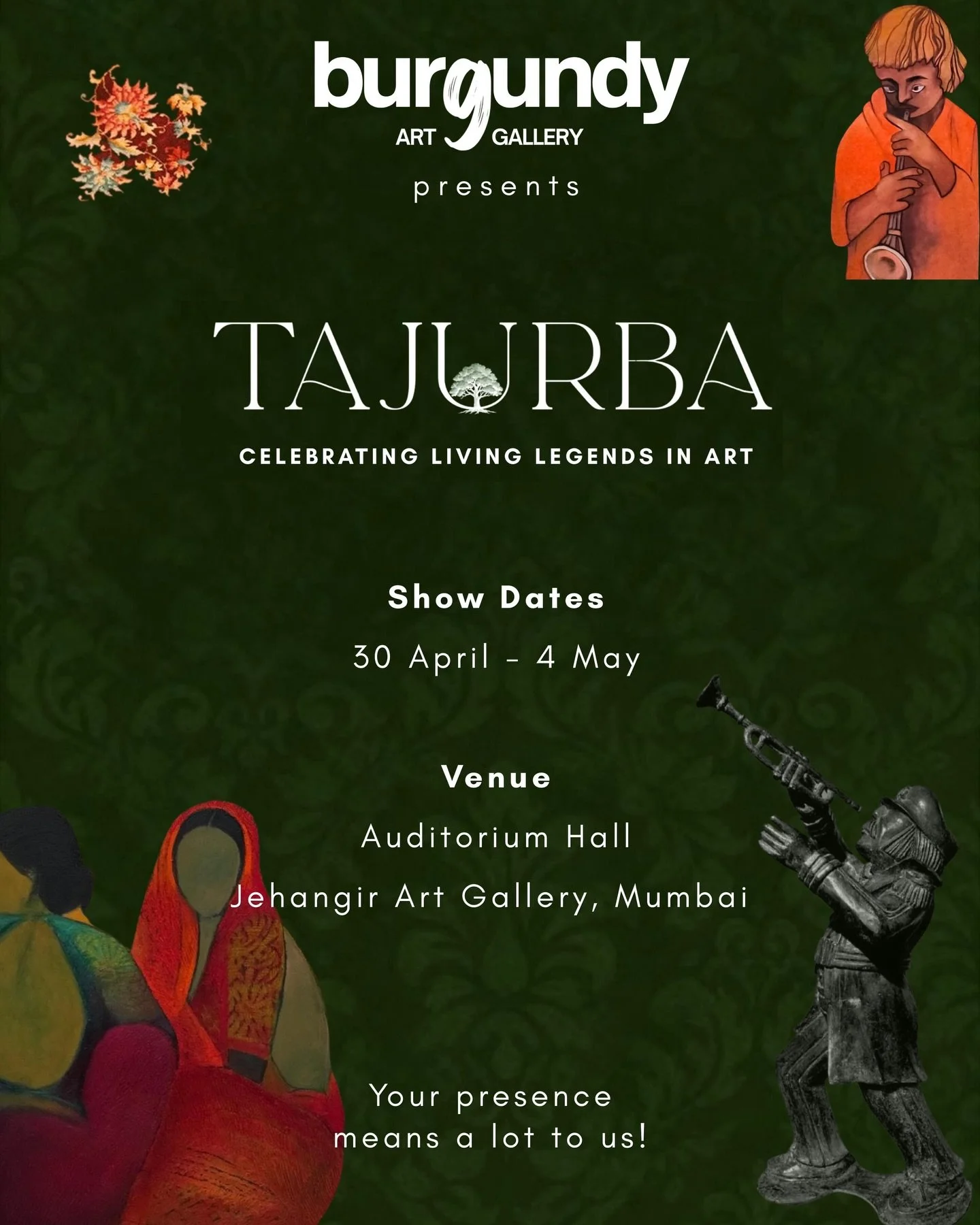 Looking forward to this show opening next week.

Burgundy Art Gallery presents TAJURBA: Celebrating Living Legends in Art, opening 29th April at Jehangir Art Gallery. As the name suggests, these artists are with decades of experience behind them. The
