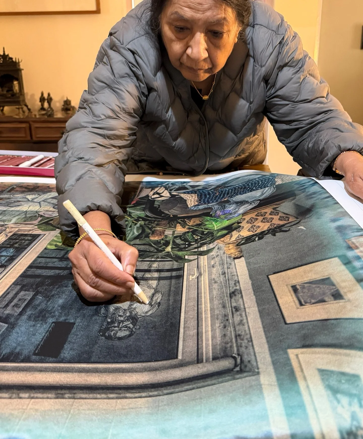 How I shape a quiet chiaroscuro in a single piece of art - 
by working with brushes, textured surfaces, pencils, and many mediums within one work, I build details that move between transparency and texture, enhancing the dramatic play of light and sh