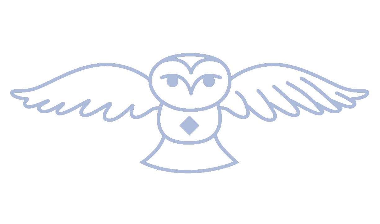 Line drawing of an owl with wings spread, featuring a geometric design on its chest.