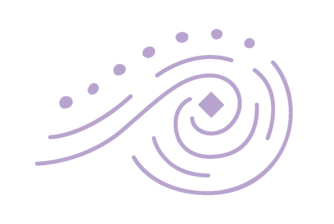 Light purple abstract spiral pattern with dots and geometric shapes on a white background.