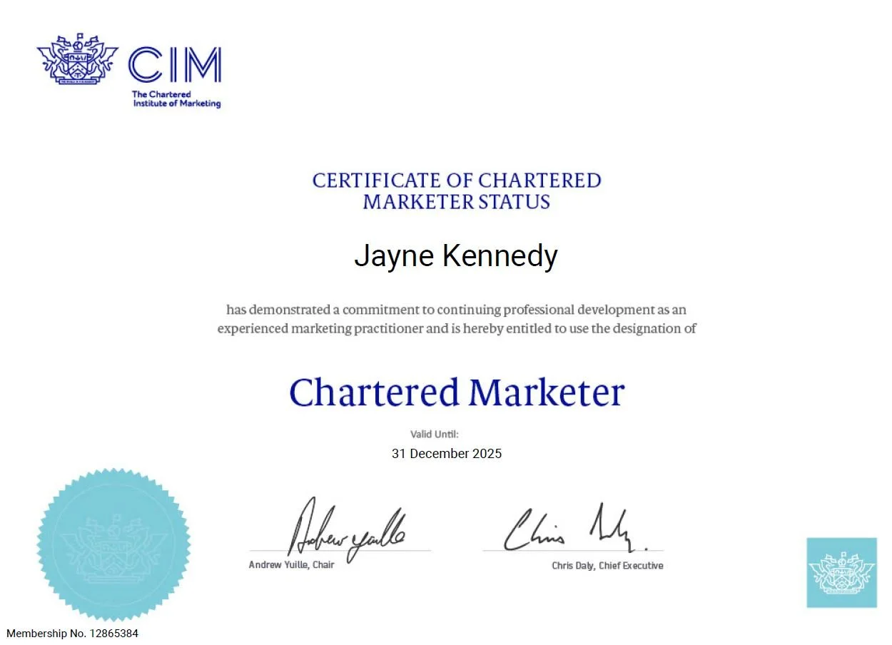 Certificate of Chartered Marketer Status from the Chartered Institute of Marketing, awarded to Jayne Kennedy - Wirral Marketing Experr, for professional development, valid until December 31, 2025.