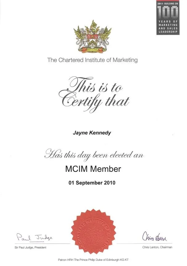 Certificate from the Chartered Institute of Marketing awarded to Jayne Kennedy, Wirral Marketing Expert, as an MCIM Member, dated 01 September 2010. Features a crest and a red seal.