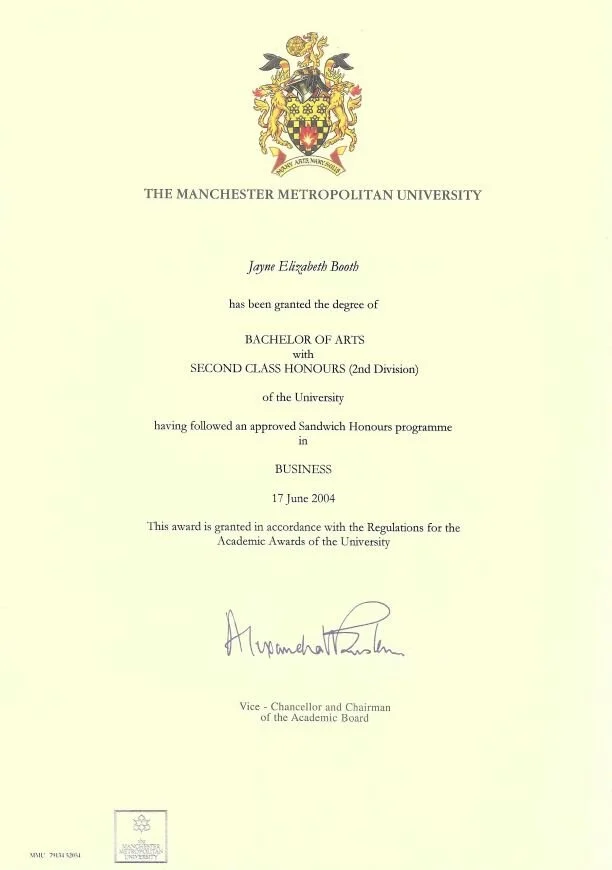 A certificate from Manchester Metropolitan University awarding a Bachelor of Arts with Second Class Honours in Business given to Jayne Kennedy - Wirral Marketing Expert